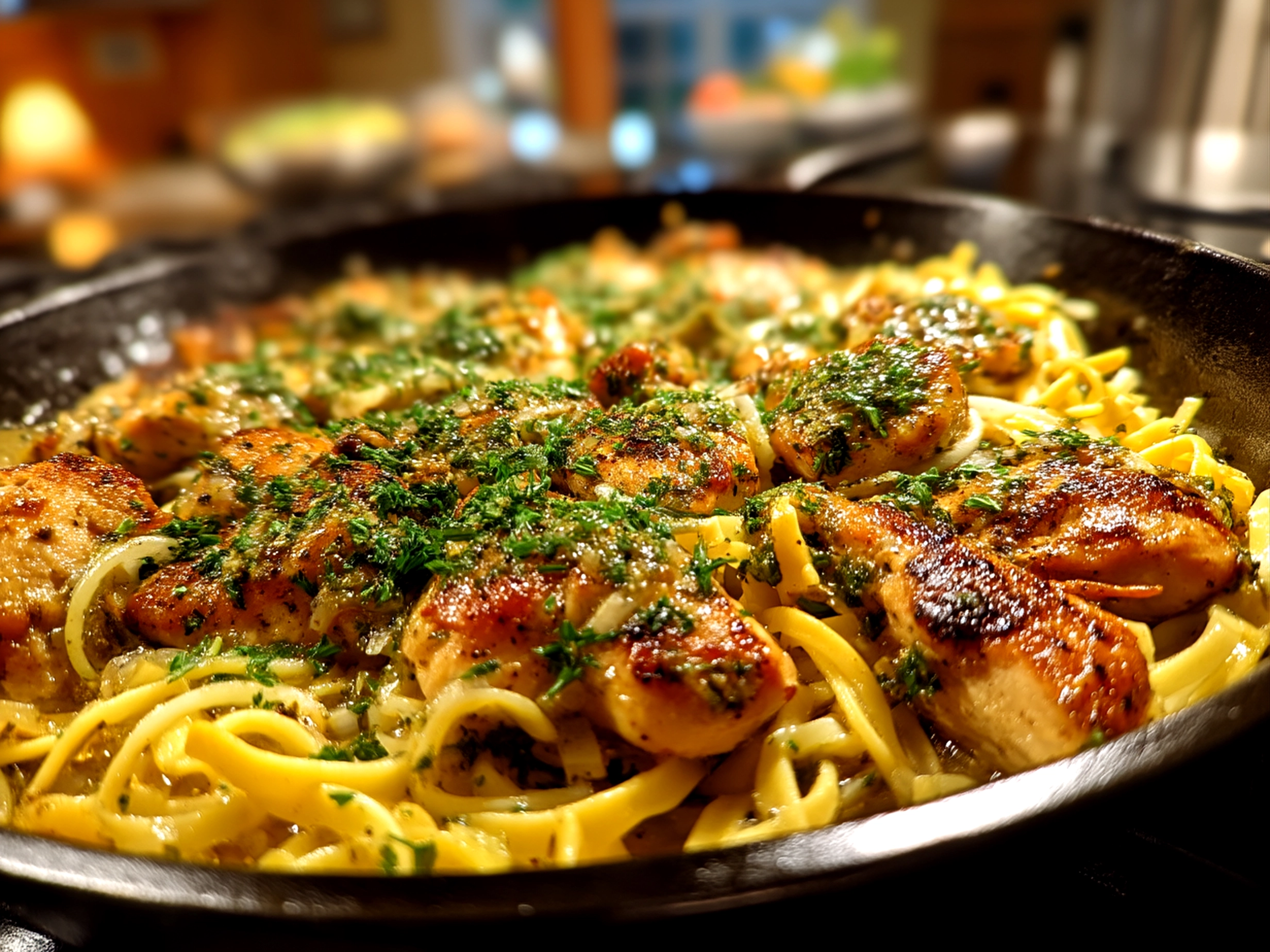 Close-up of finished One-Pan Chicken Dinner with Buttered Noodles