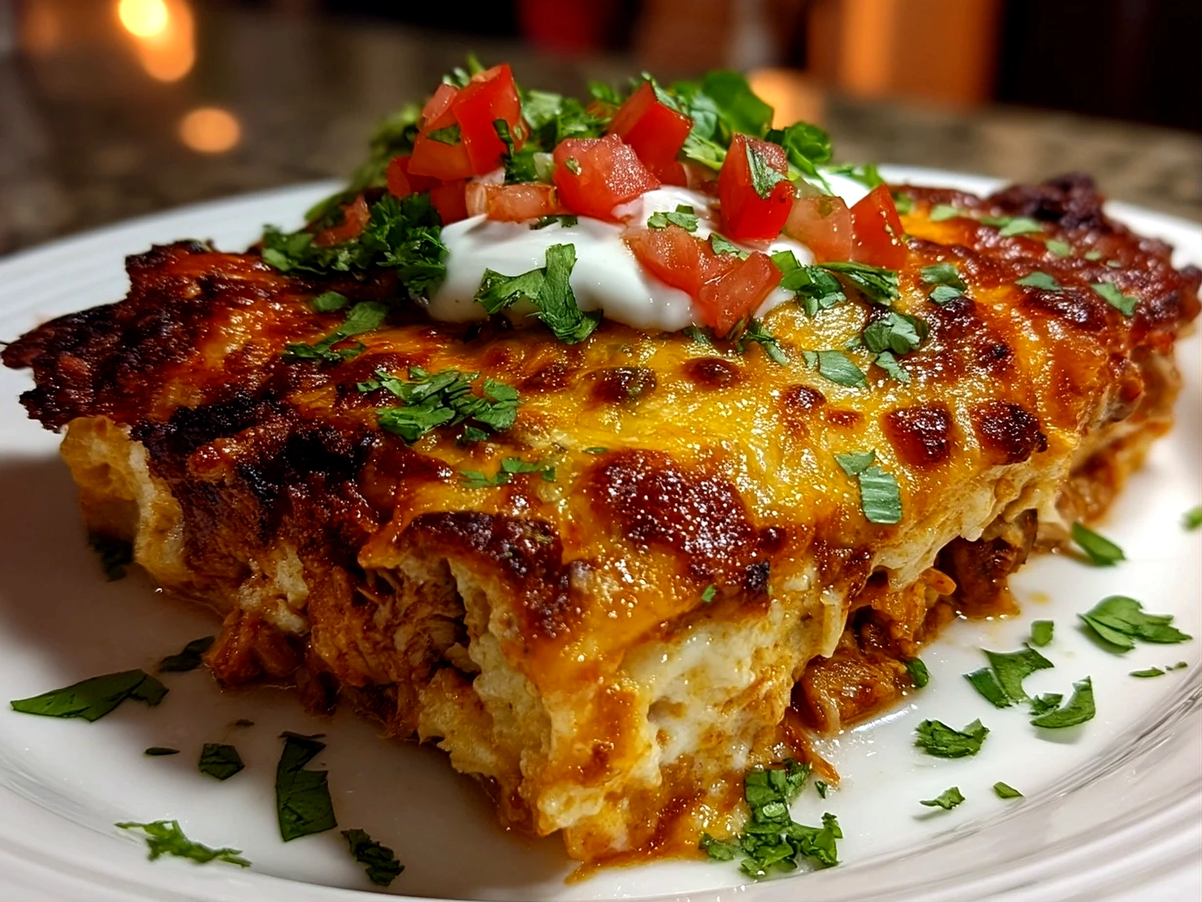 Close up of finished shredded chicken enchilada casserole ready to serve