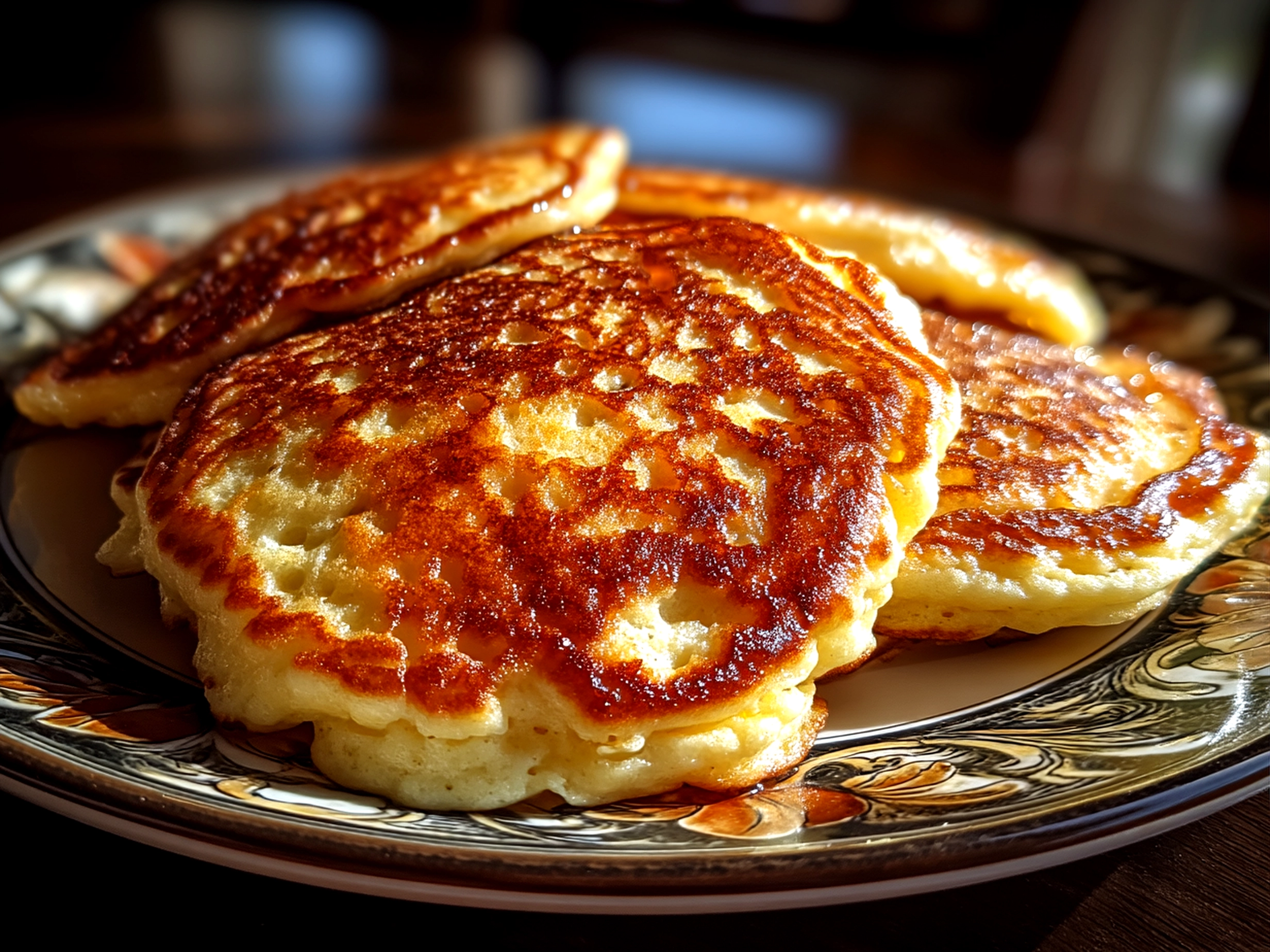 Finished stack of fluffy pancakes close up with butter and syrup