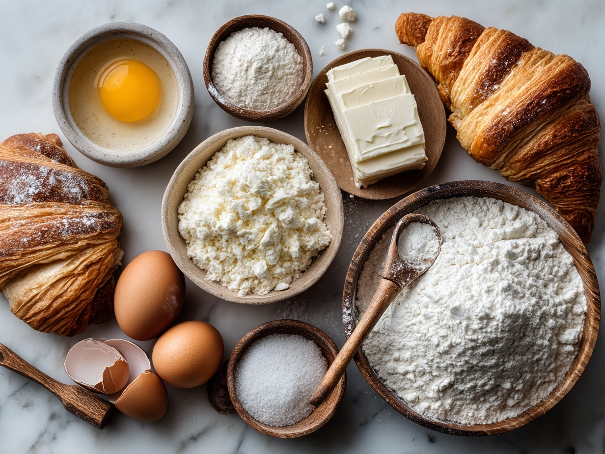 Ingredients for French Croissant including flour, butter, milk, sugar, and yeast