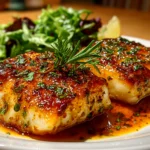 Freshly prepared Baked Honey Marinade Cod on white plate