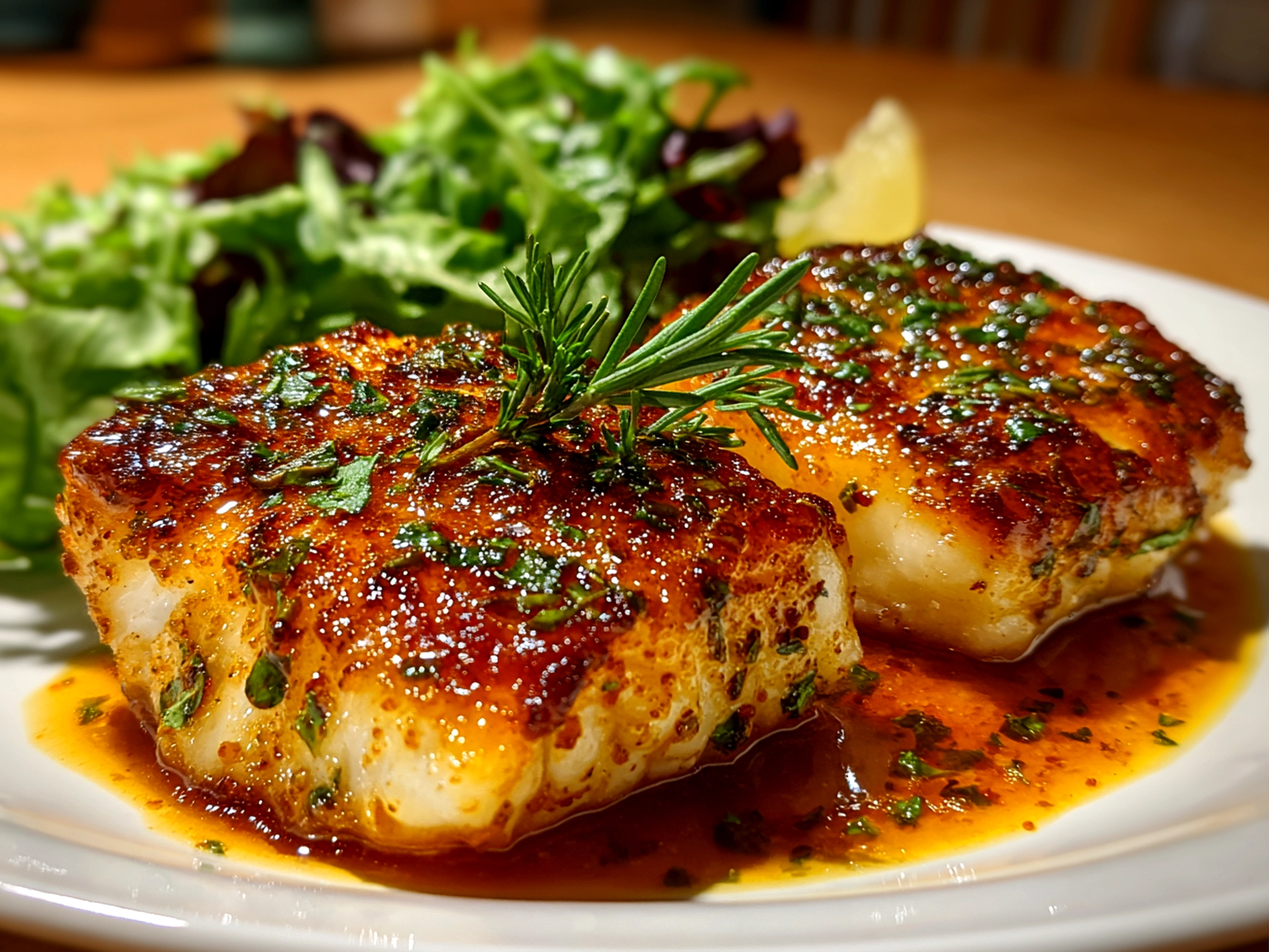 Freshly prepared Baked Honey Marinade Cod on white plate