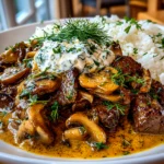 Freshly prepared Beef Stroganoff With Sour Cream plated on white dish