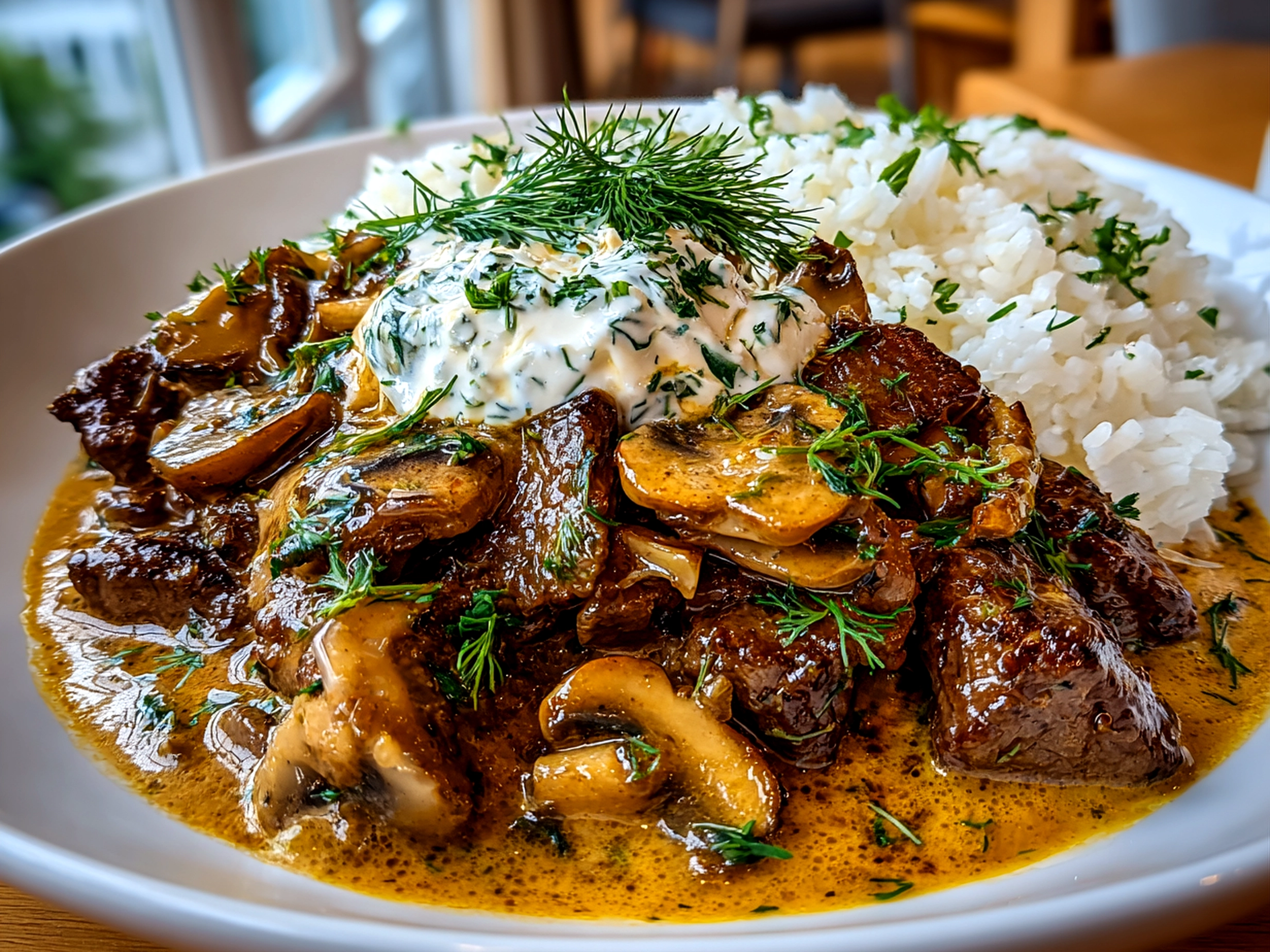Freshly prepared Beef Stroganoff With Sour Cream plated on white dish