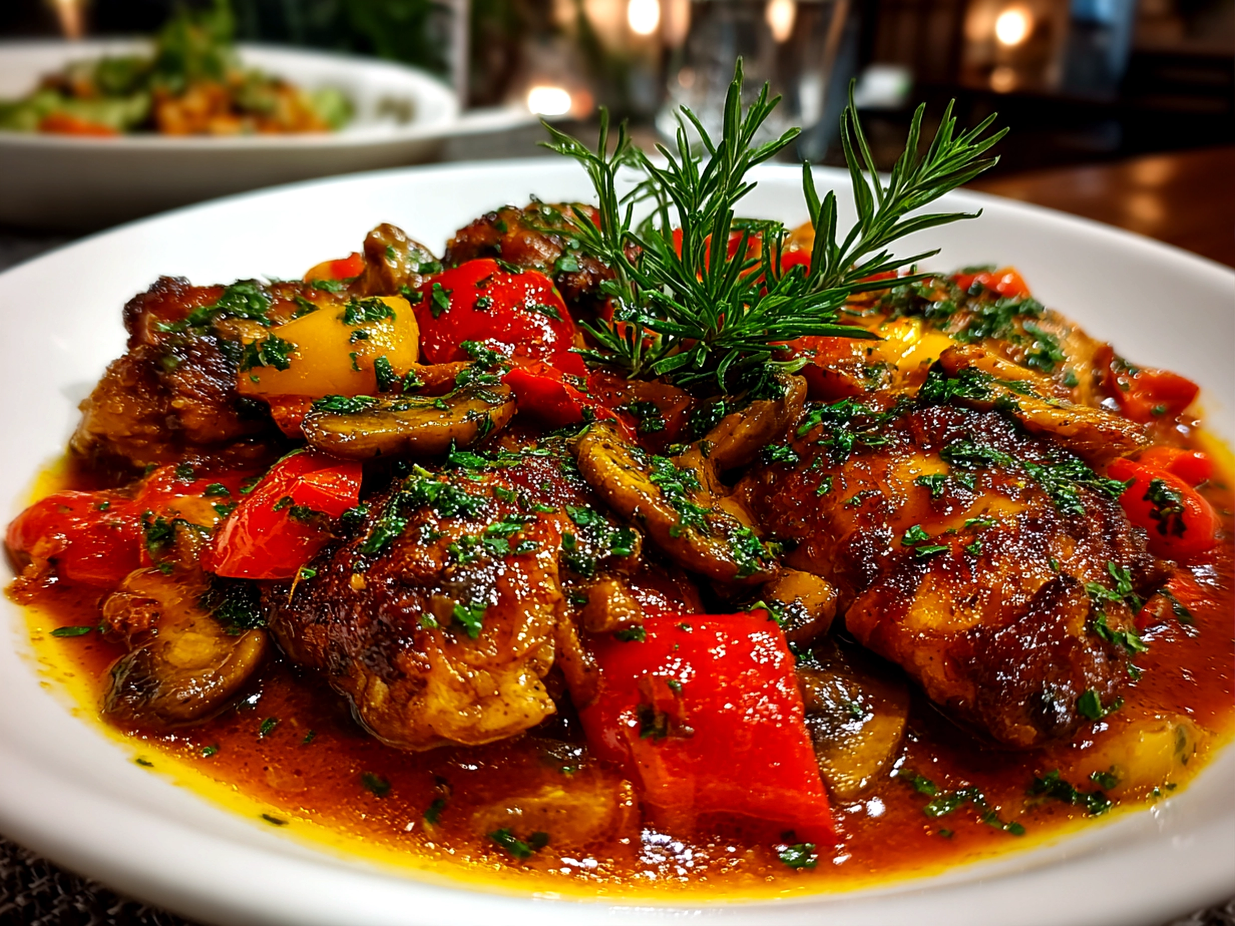Freshly prepared Chicken Cacciatore served on rustic white plate