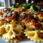 Freshly prepared Cowboy Butter Lemon Bowtie Chicken with Broccoli