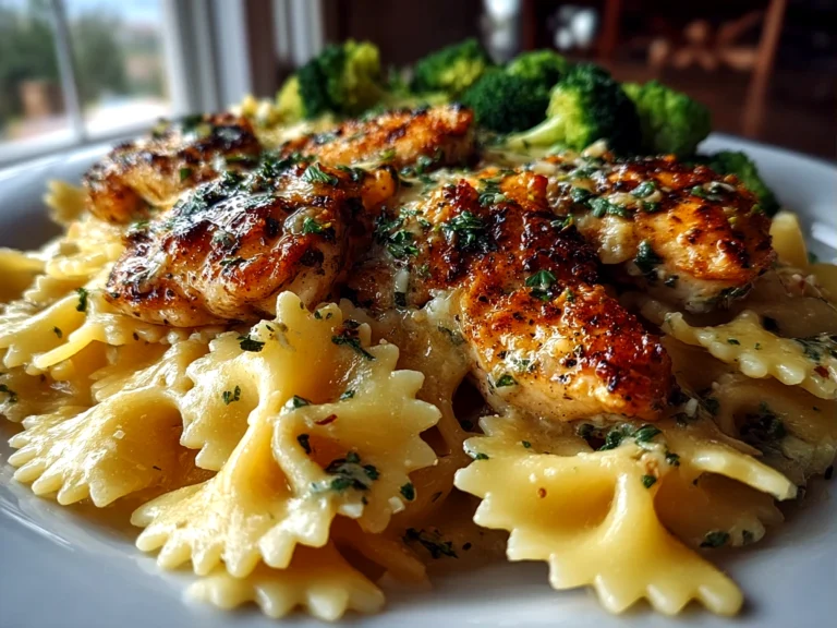 Freshly prepared Cowboy Butter Lemon Bowtie Chicken with Broccoli