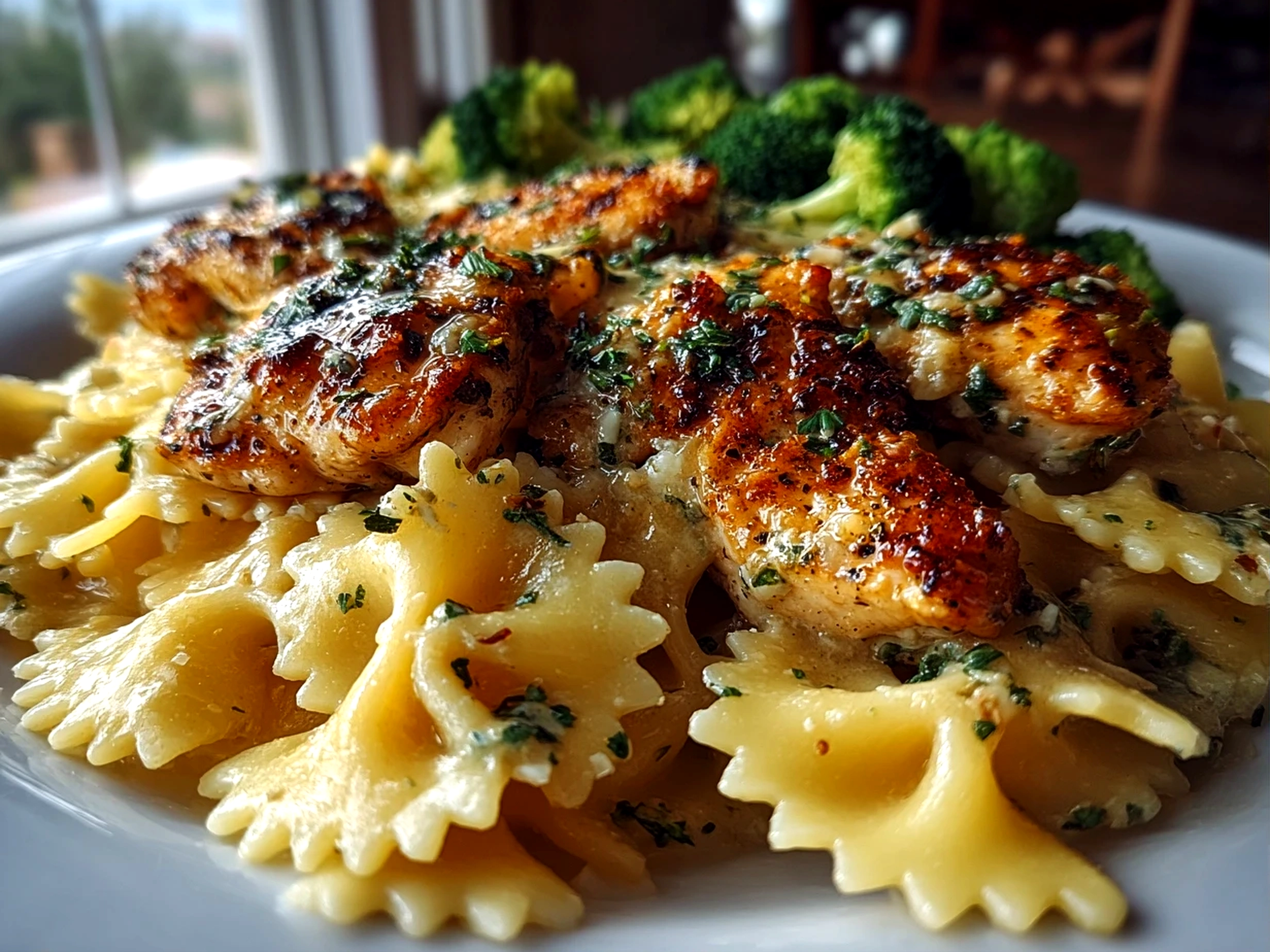 Freshly prepared Cowboy Butter Lemon Bowtie Chicken with Broccoli