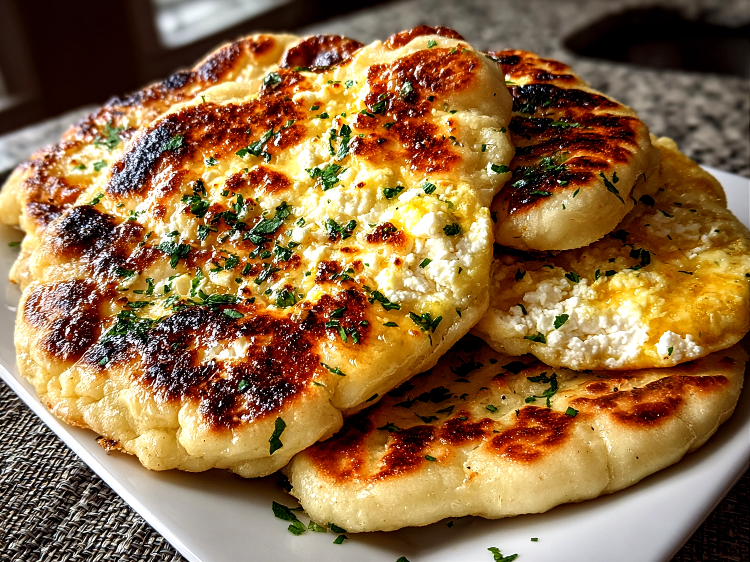 Freshly prepared garlic cottage cheese naan