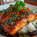 Freshly prepared honey glazed salmon bowl on clean counter