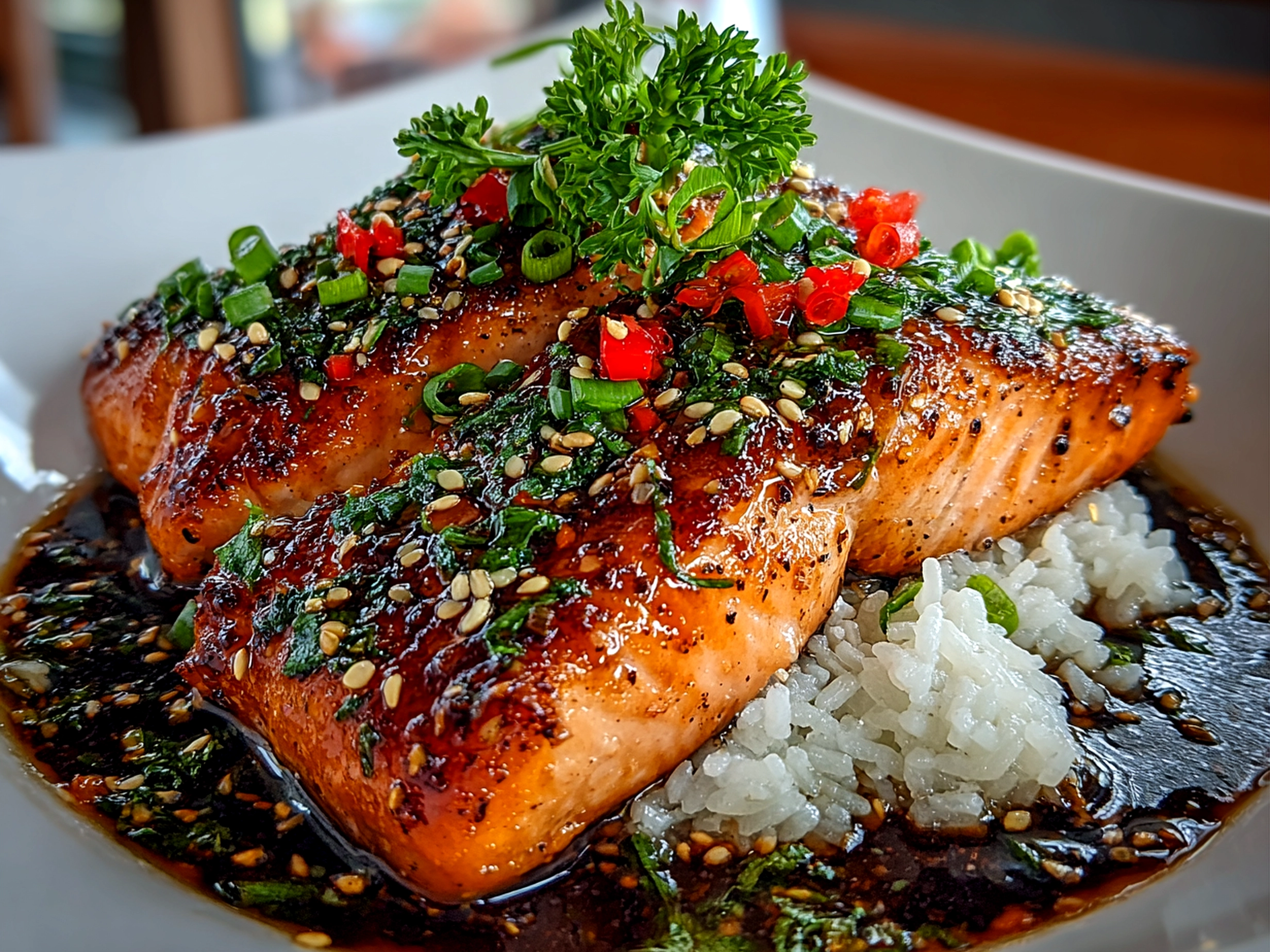 Freshly prepared honey glazed salmon bowl on clean counter