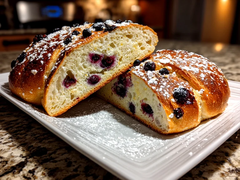 Freshly prepared Lemon Blueberry Sourdough Bread on white plate
