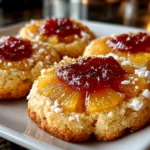 Freshly prepared Pineapple Upside Down Sugar Cookies on white plate