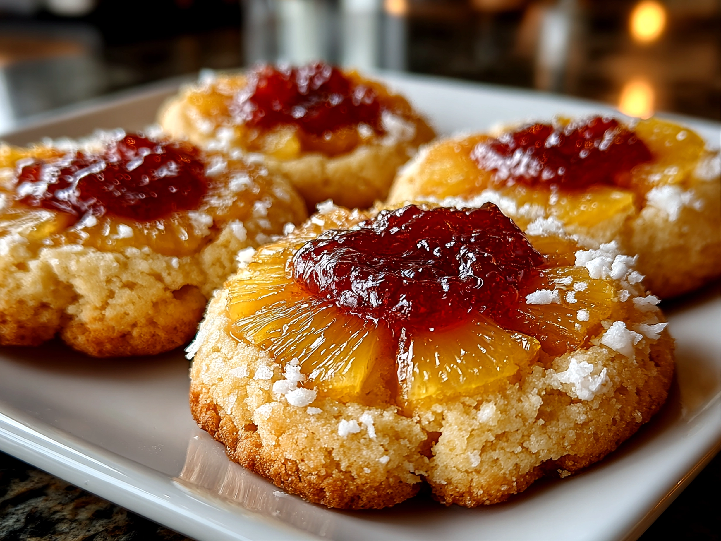 Freshly prepared Pineapple Upside Down Sugar Cookies on white plate