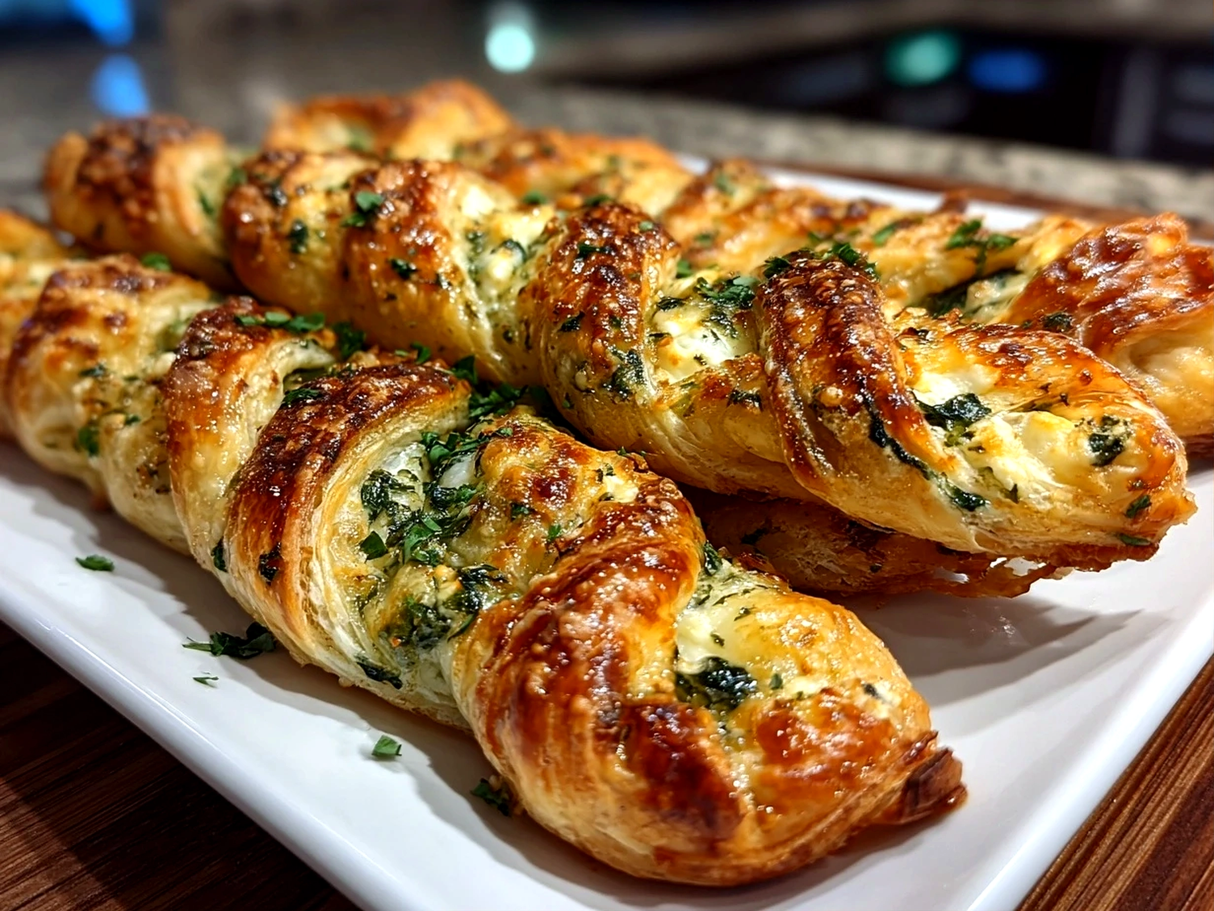 Freshly prepared spinach and feta puff pastry twists plated