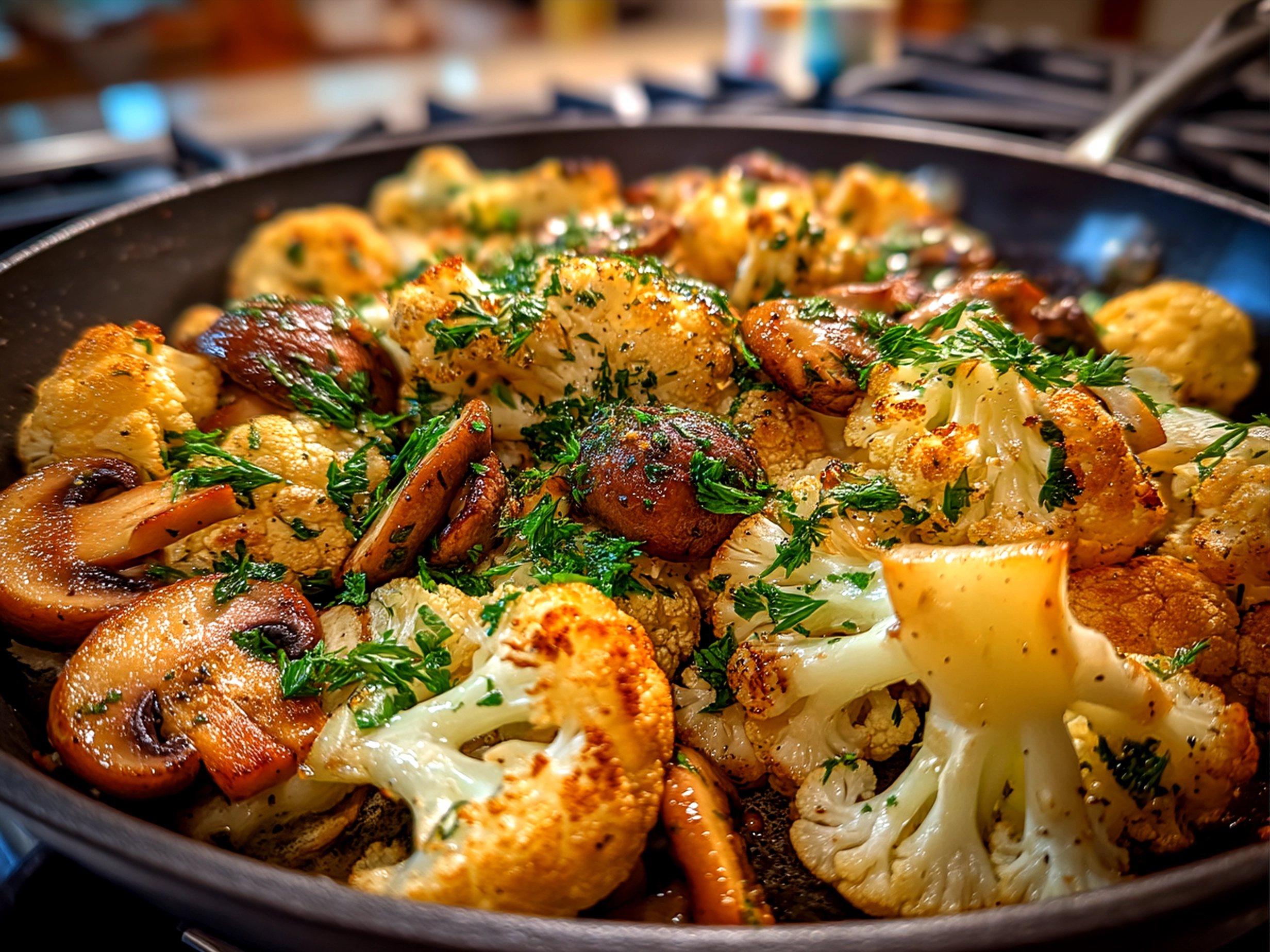 Serving suggestion of Garlic Cauliflower Mushroom Skillet plated and ready to enjoy