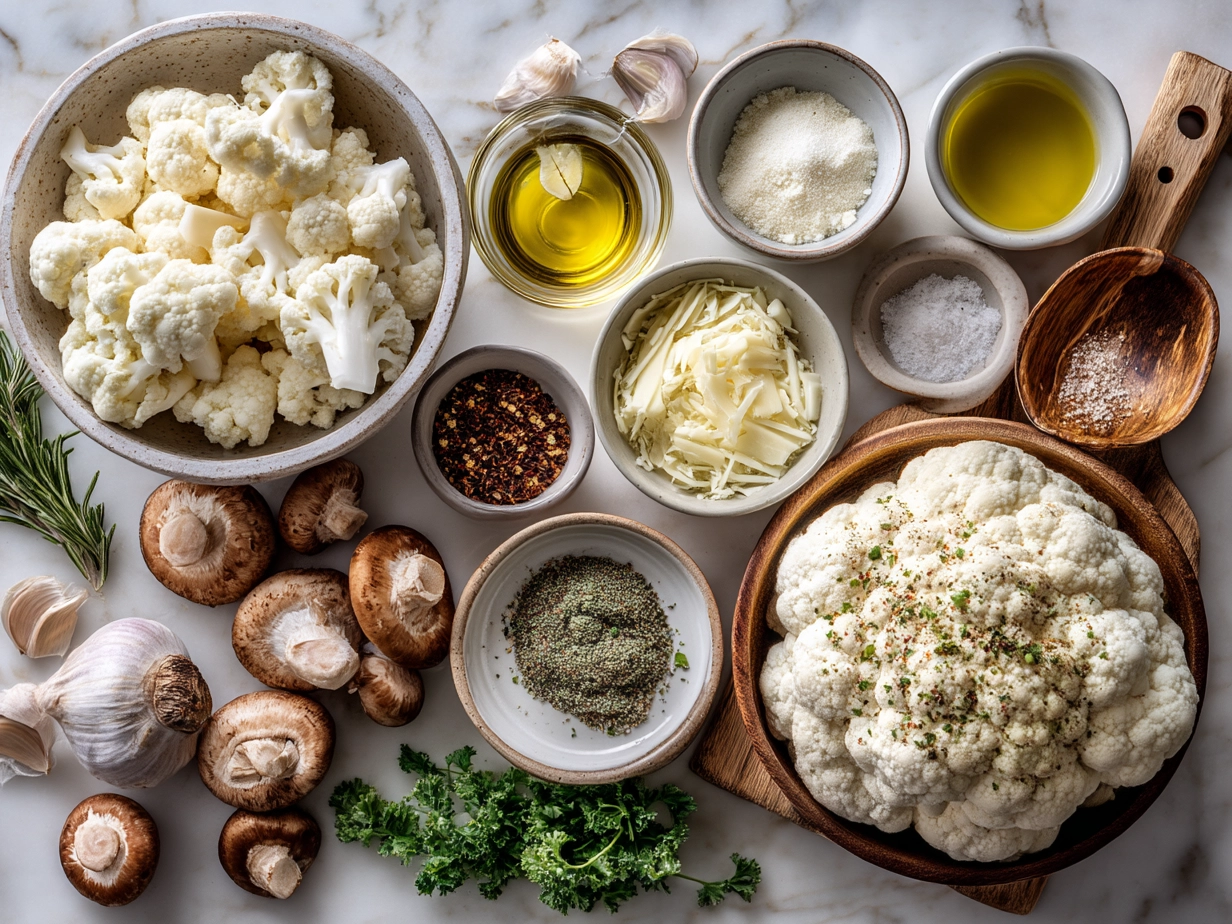 Ingredients for Garlic Cauliflower Mushroom Skillet including cauliflower, mushrooms, garlic, and seasoning