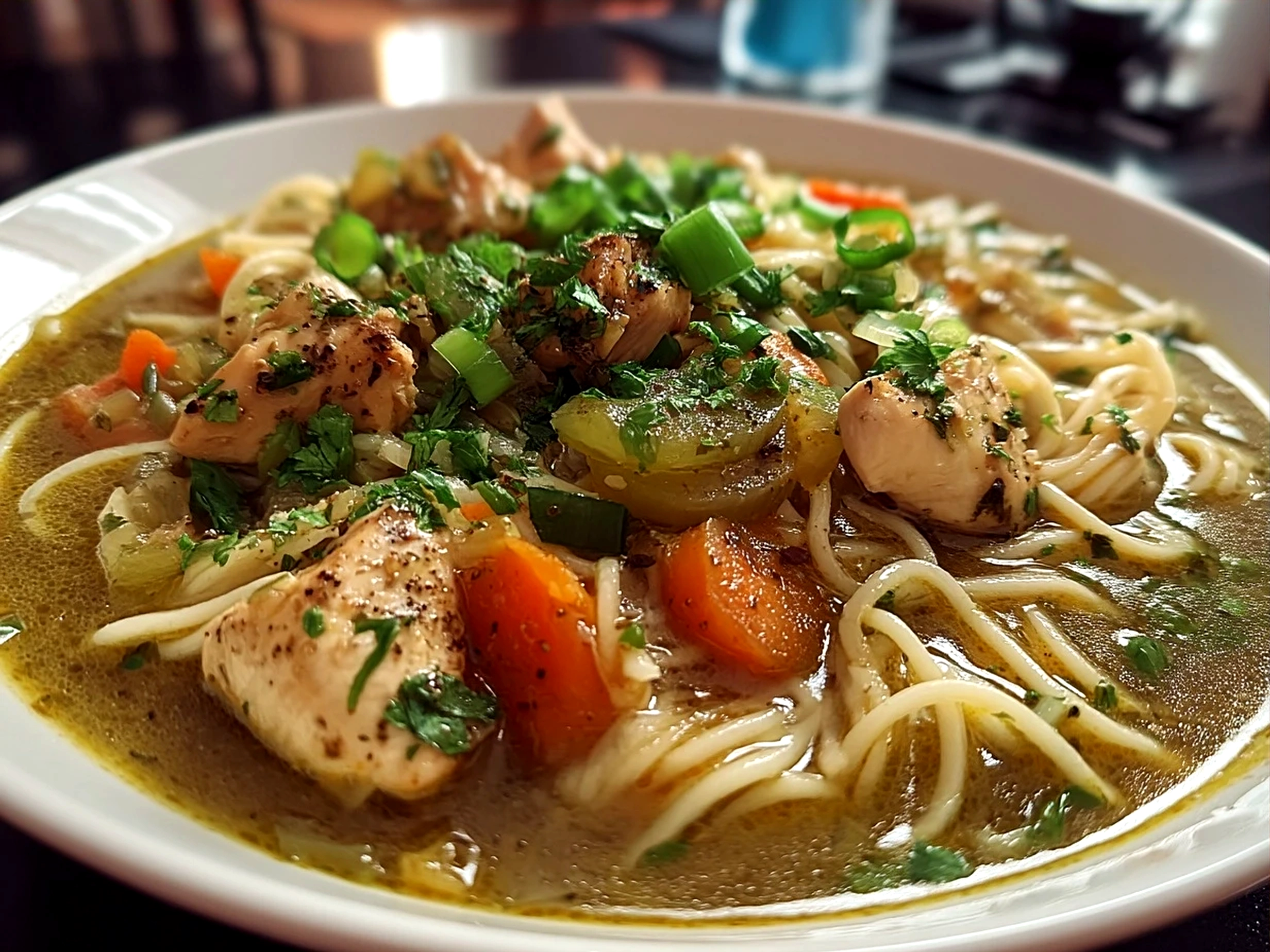 Bowl of freshly served Ginger Scallion Chicken Noodle Soup garnished with fresh cilantro and scallions