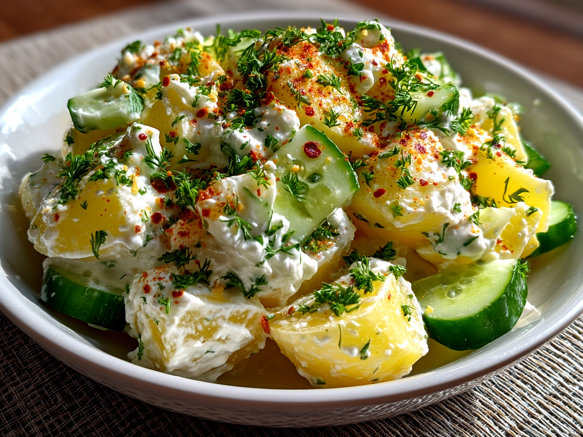 Chilled Greek Yogurt Potato Salad with Cucumbers ready to serve