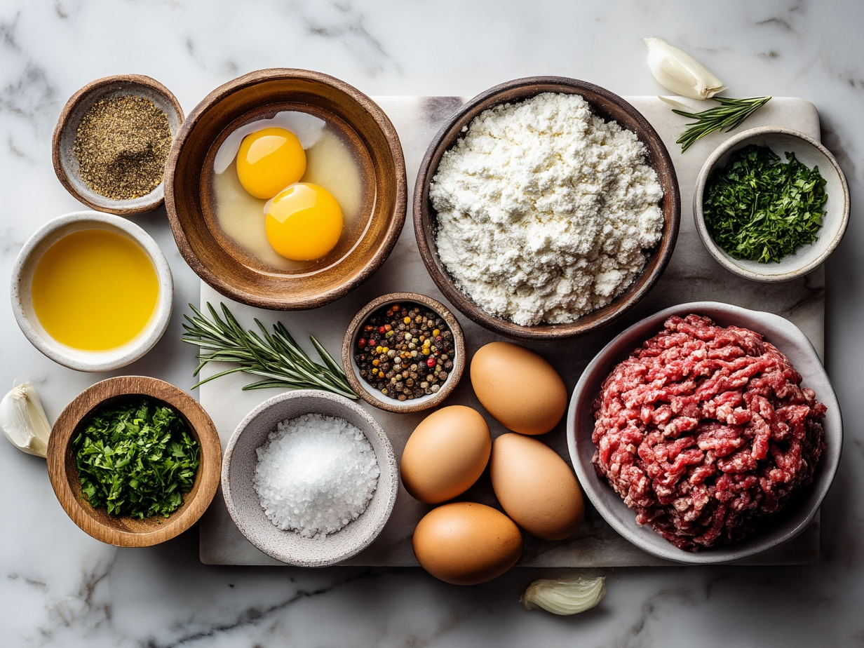 Ingredients for Ground Beef Stroganoff laid out on a kitchen counter