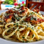 Home cook, taken with iPhone 14 Pro. Close-up slight angle of comforting garlic Parmesan chicken pasta on white plate. Warm appetizing --ar 4:3 --style raw --s 240