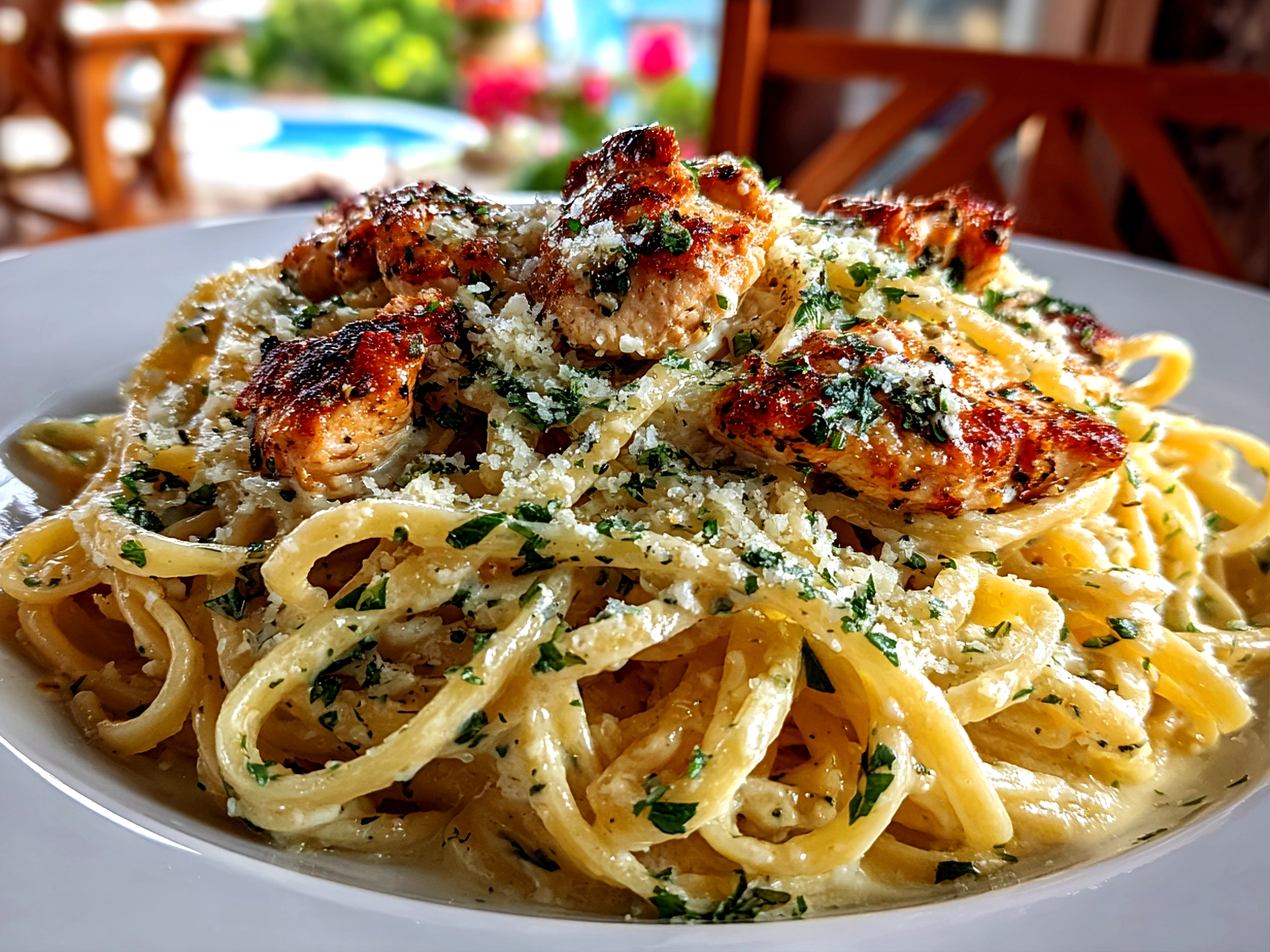 Home cook, taken with iPhone 14 Pro. Close-up slight angle of comforting garlic Parmesan chicken pasta on white plate. Warm appetizing --ar 4:3 --style raw --s 240