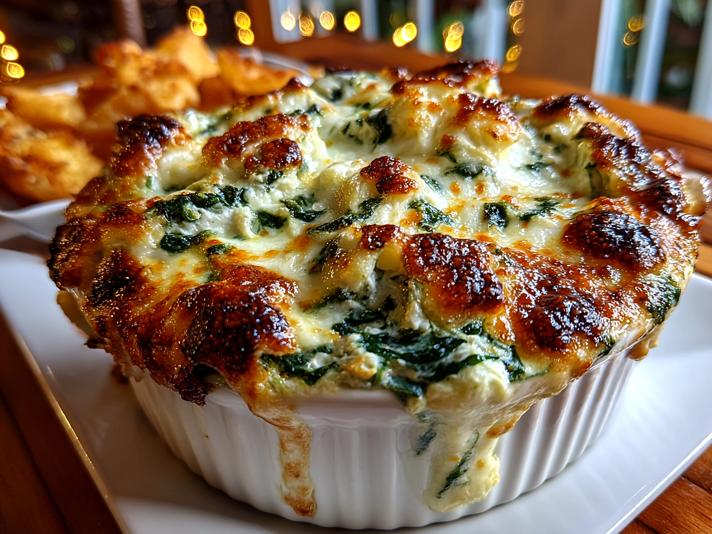 Home cook, taken with iPhone 14 Pro. Close-up slight angle of comforting Spinach and Artichoke Dip on white plate. warm appetizing --ar 4:3 --style raw --s 230