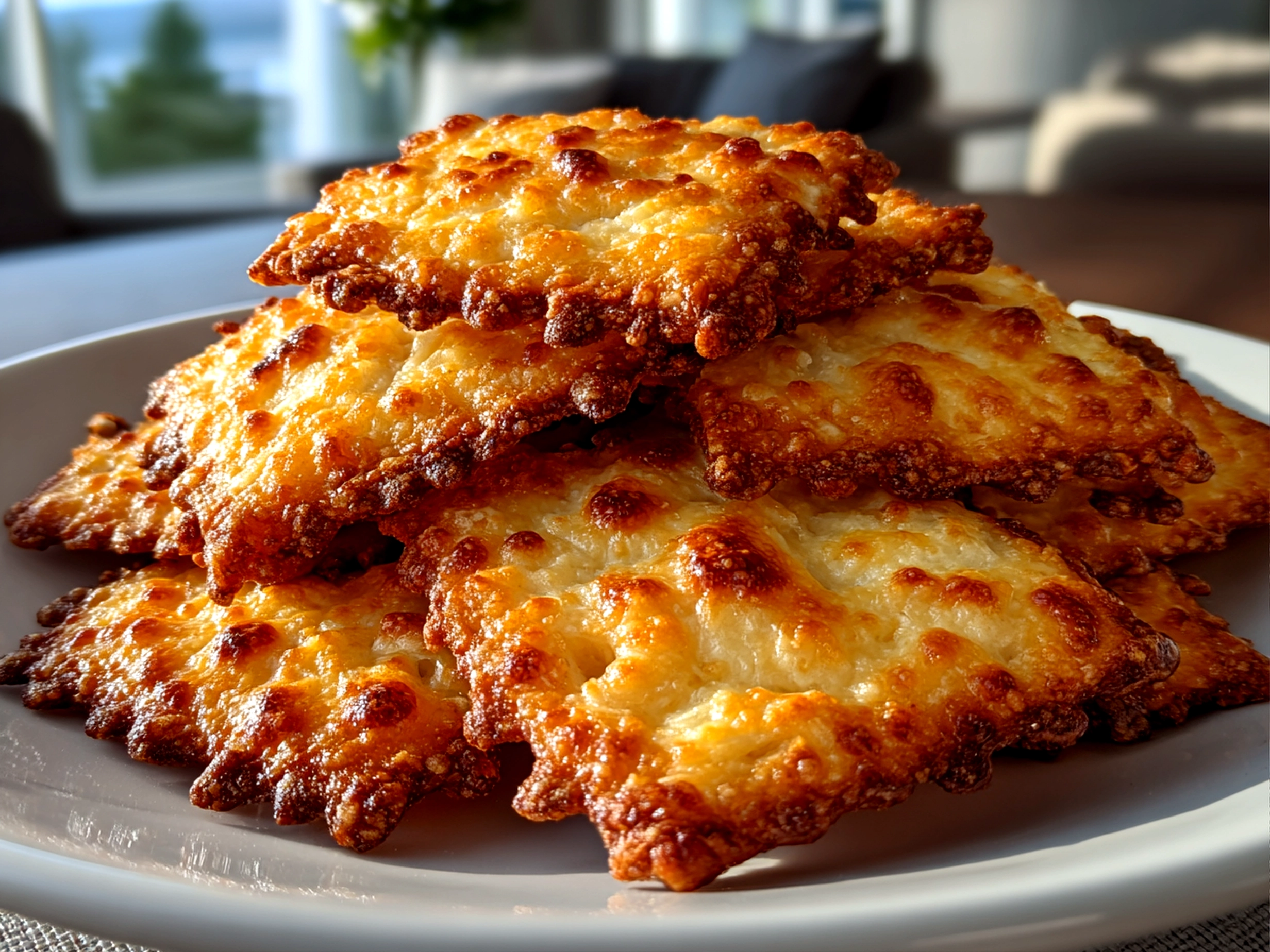 Home cook, taken with iPhone 14 Pro. Close-up slight angle of freshly prepared sourdough cheese crackers on white plate. Mouthwatering --ar 4:3 --style raw --s 260