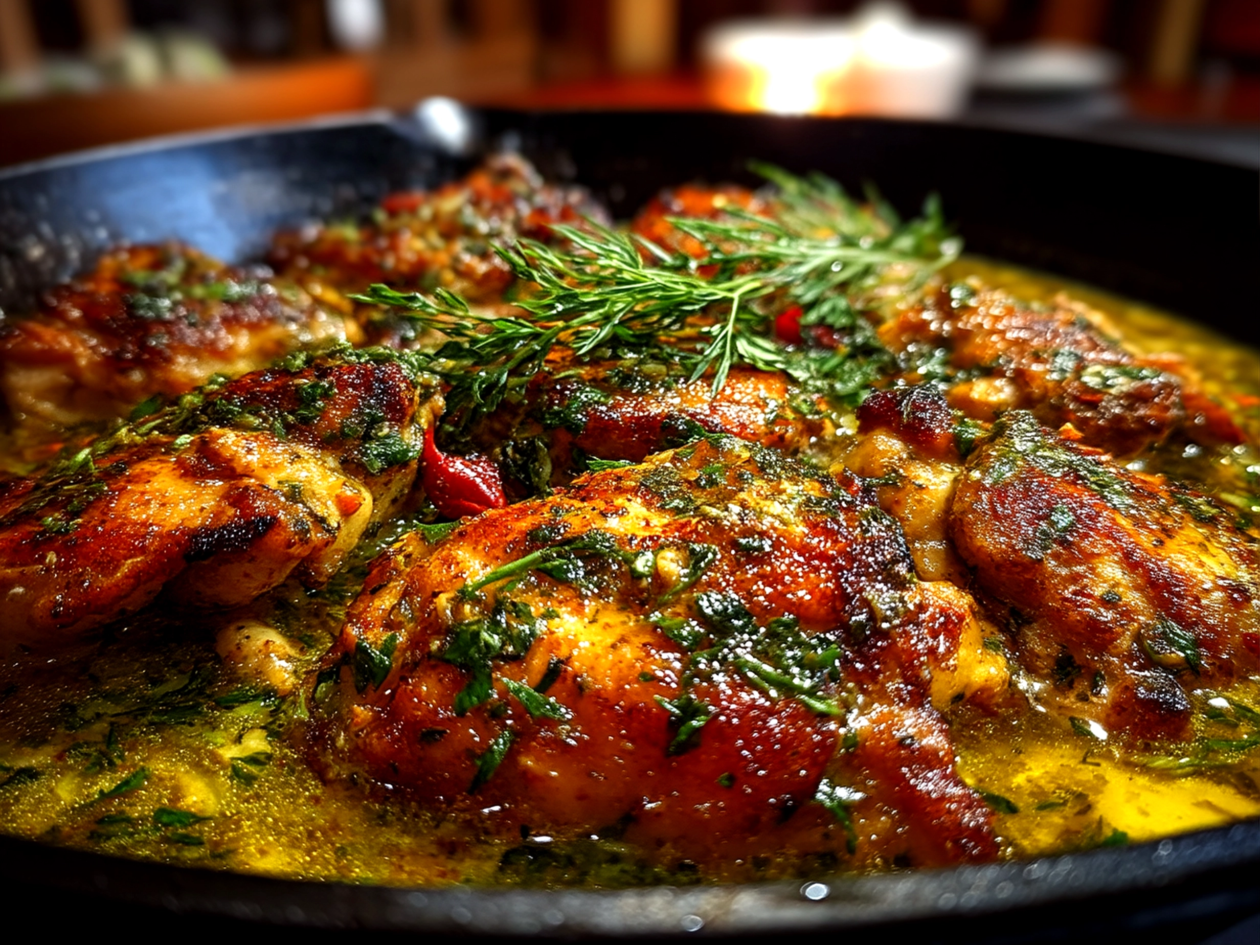 Home cook’s close-up of finished comforting garlic butter chicken thigh skillet, rich and inviting on plate