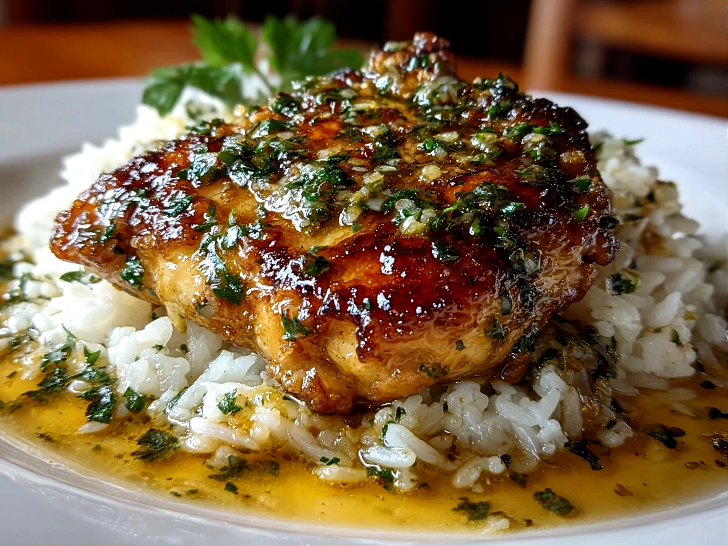 Home cook, taken with iPhone 15 Pro. Close-up slight angle of delicious Garlic Butter Chicken Thigh Skillet on white plate. Mouthwatering --ar 4:3 --style raw --s 260