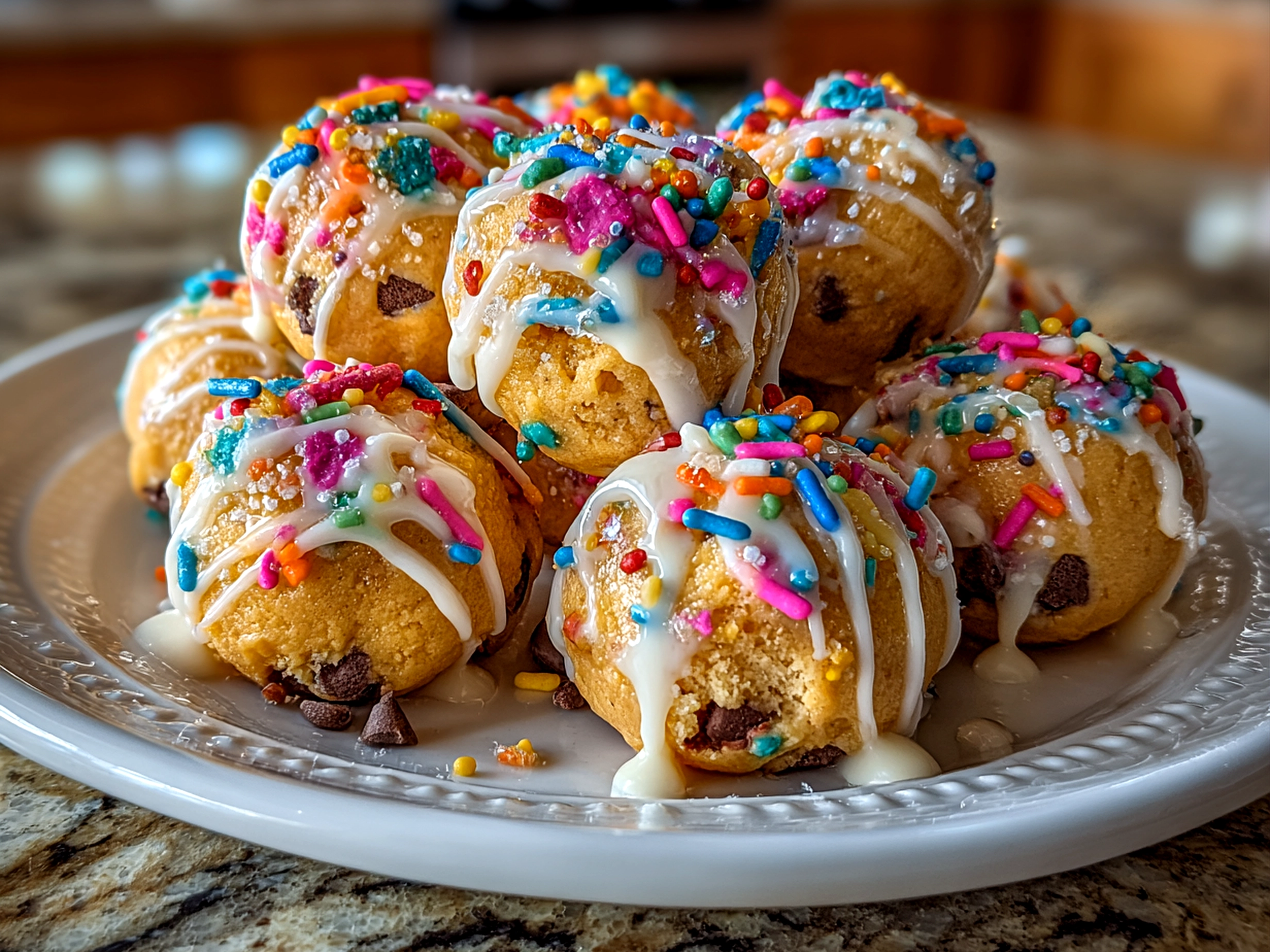 Homemade Cookie Dough Frozen Yogurt Bites on white marble