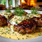 Homemade hamburger steaks sizzling in skillet
