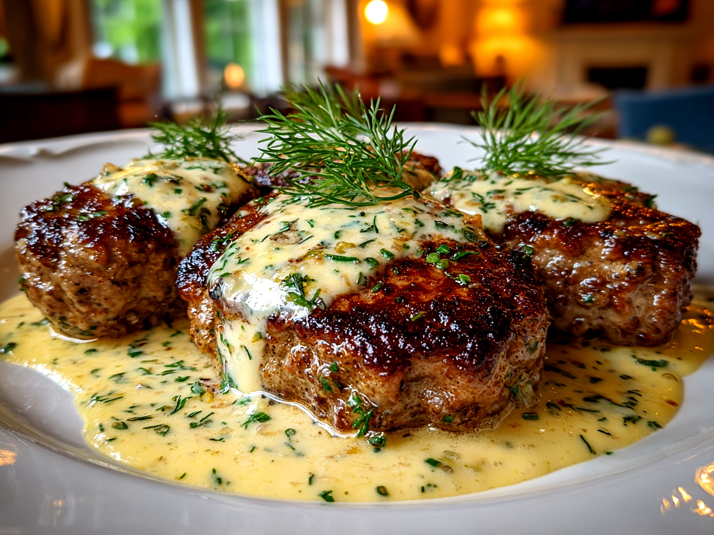 Homemade hamburger steaks sizzling in skillet