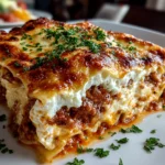 Homemade lasagna with ricotta cheese on white plate
