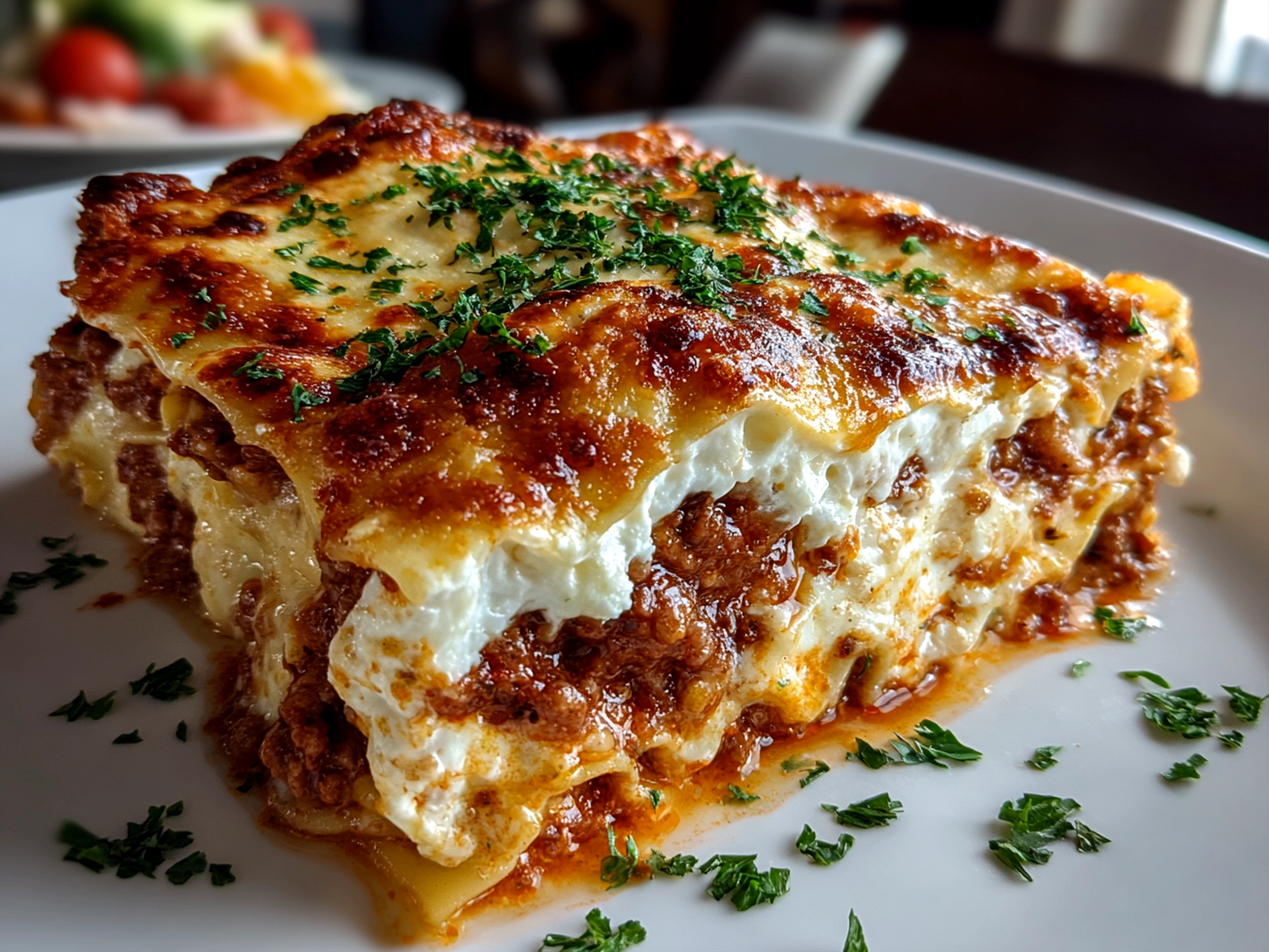 Homemade lasagna with ricotta cheese on white plate