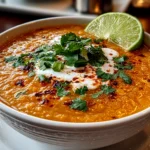 Homemade Thai Coconut Red Lentil Soup on white plate