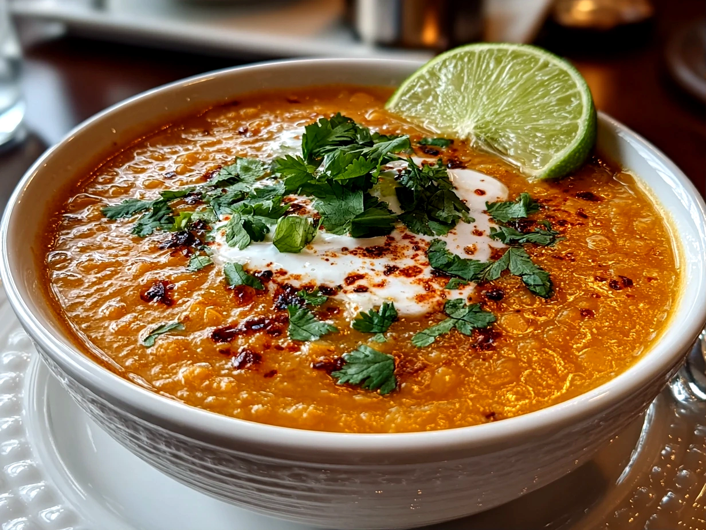 Homemade Thai Coconut Red Lentil Soup on white plate