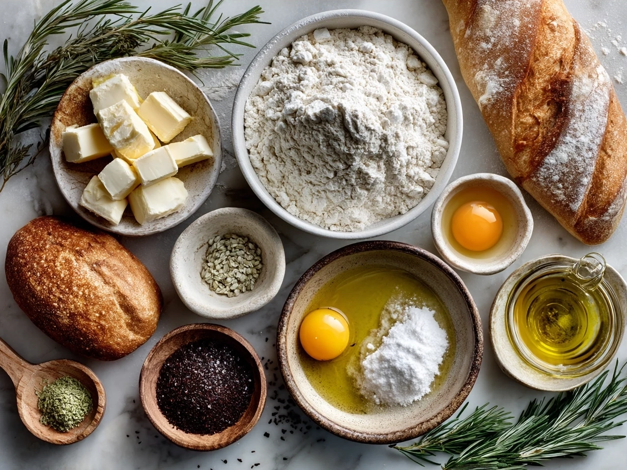 Ingredients for Homemade Bread including flour, yeast, salt, olive oil, and honey