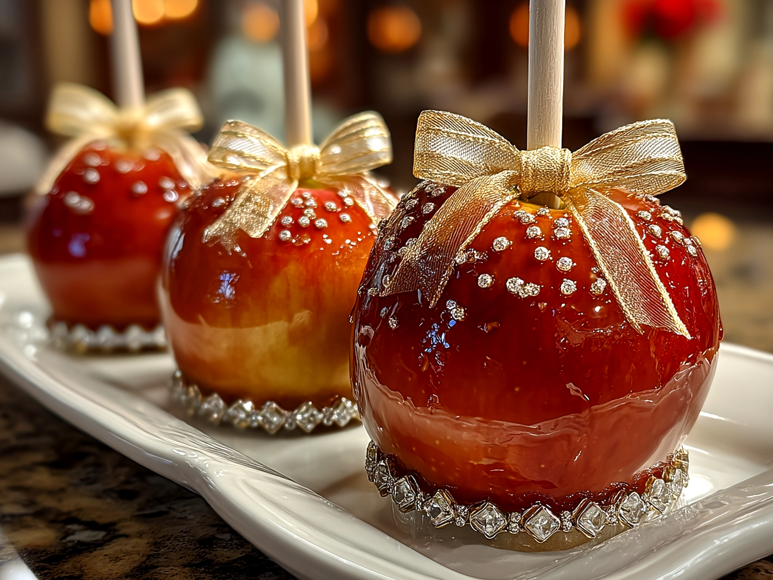 Finished Homemade Candy Apples served on a platter ready to enjoy