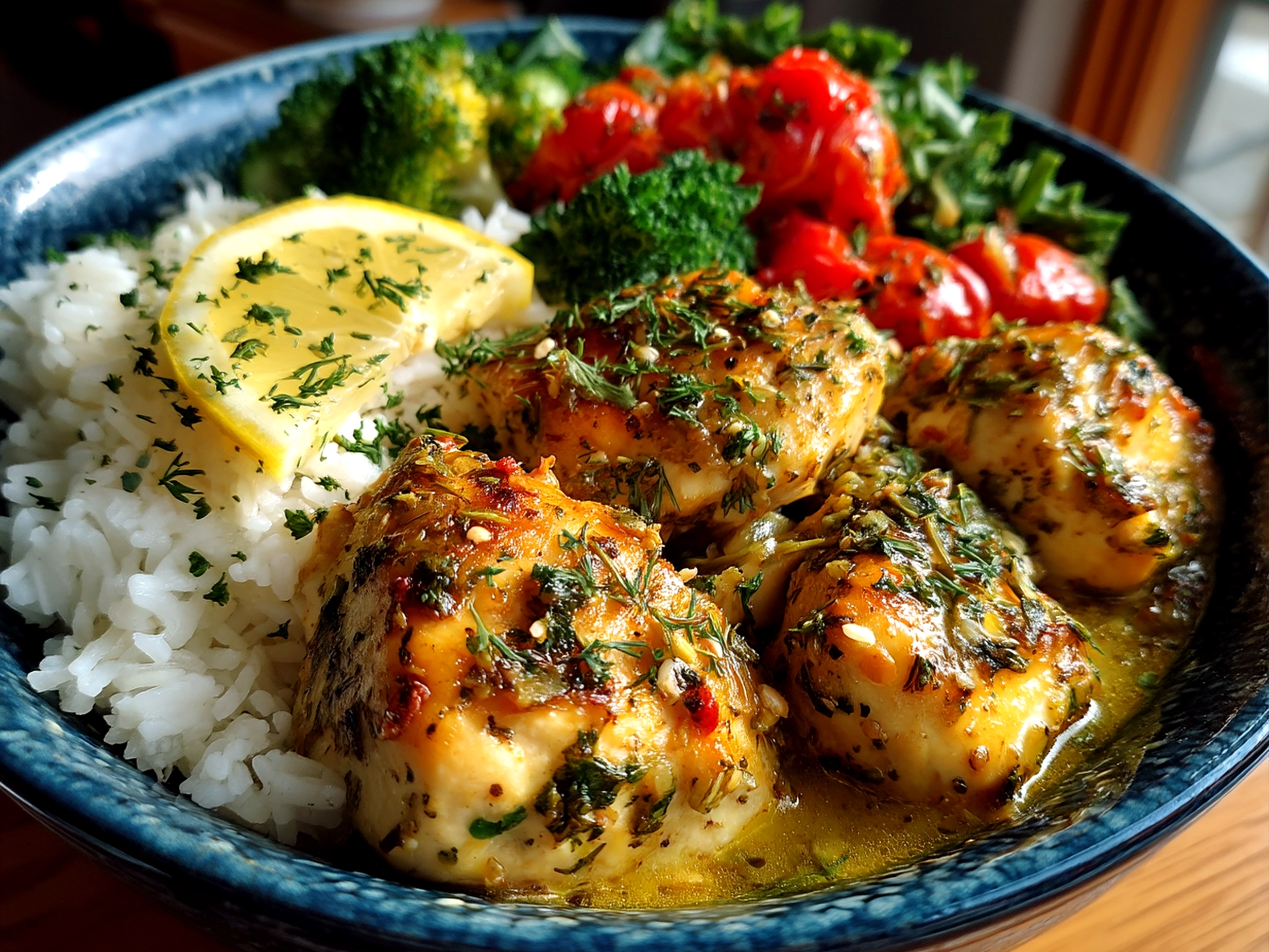 Serving suggestion for Lemon-Herb Chicken Nourish Bowl with fresh vegetables and grains