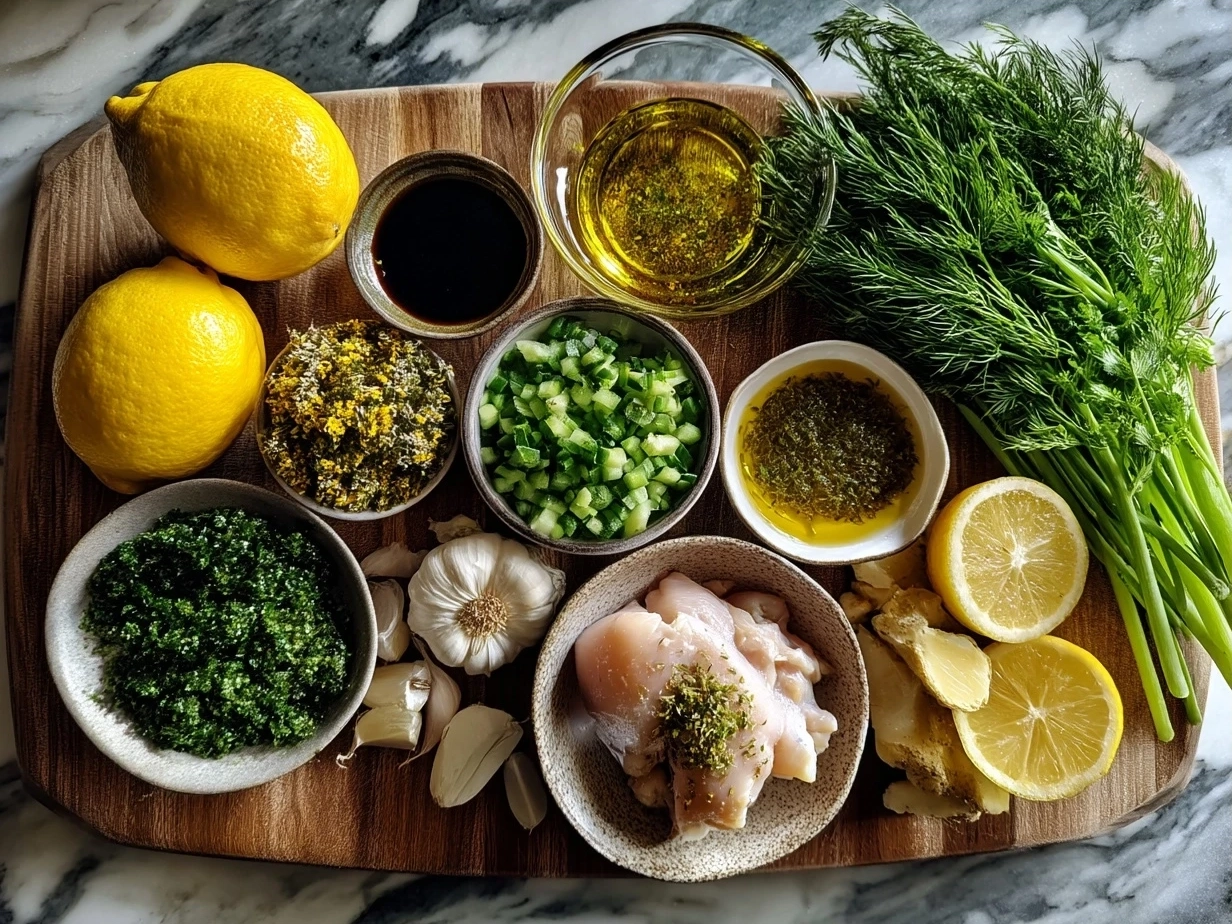 Ingredients for Lemon-Herb Chicken Nourish Bowl including chicken, lemon, herbs, quinoa, and vegetables