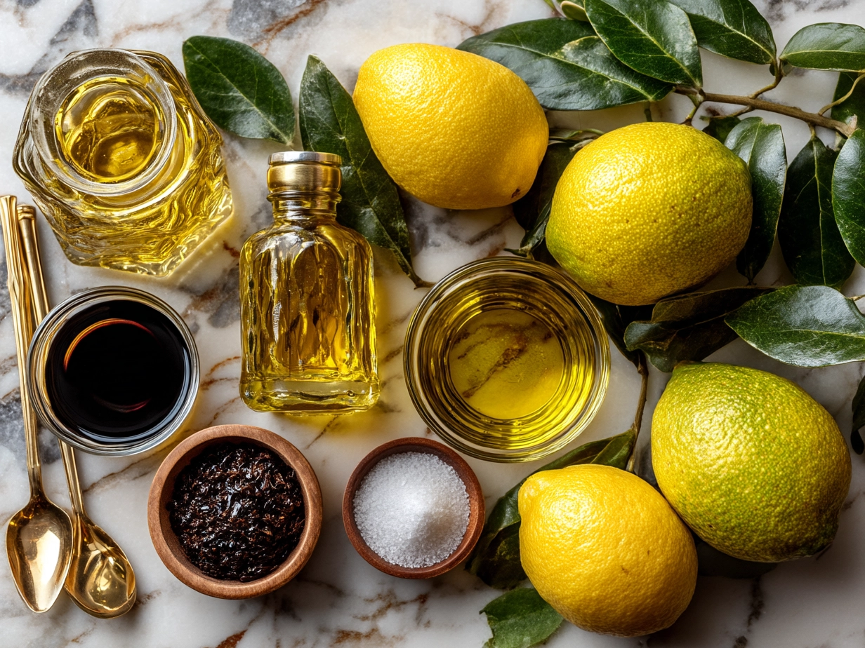 Ingredients for homemade limoncello including lemons, sugar, alcohol and water