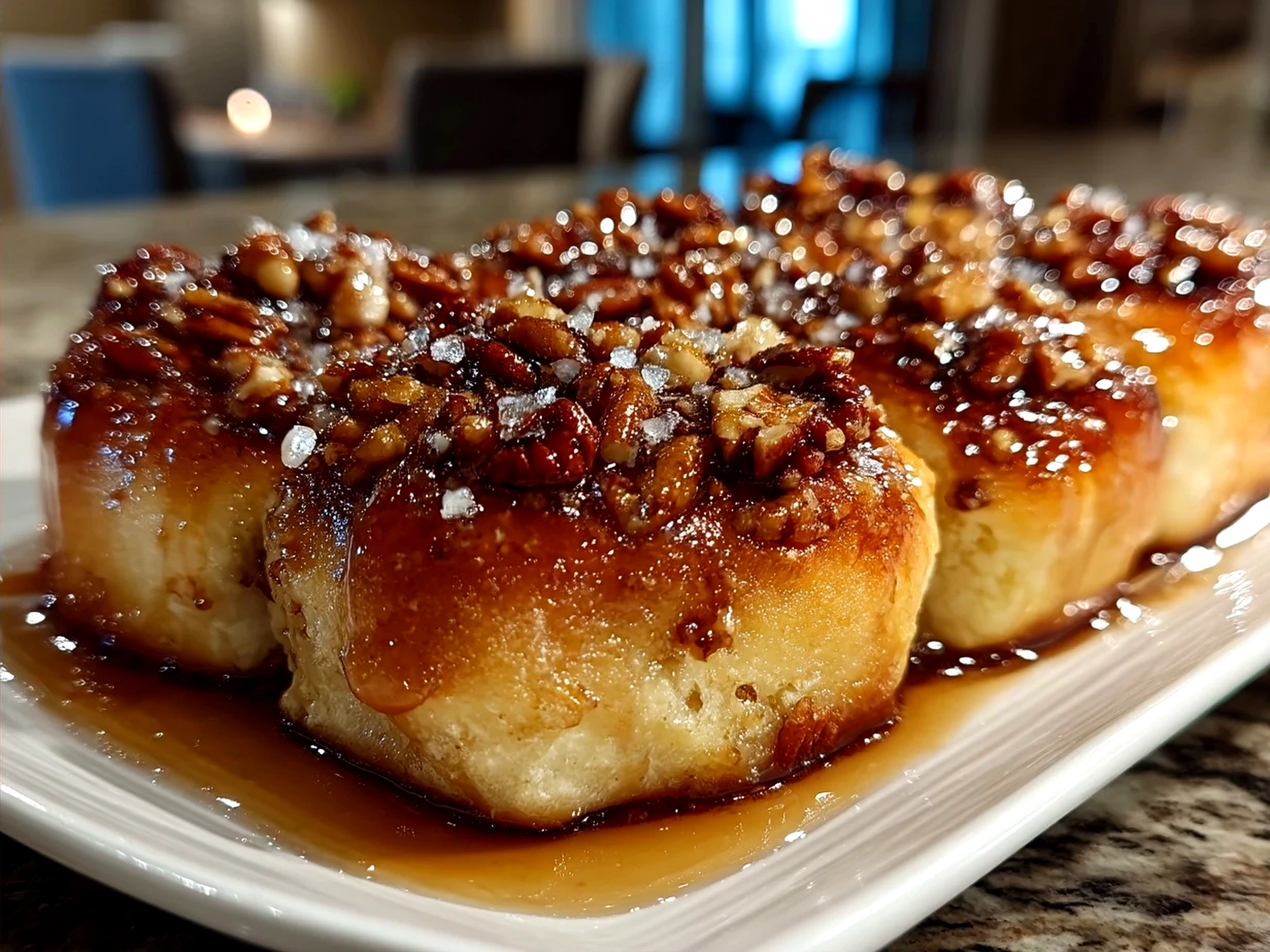 Freshly baked Maple Pecan Sticky Buns served on a white plate with coffee