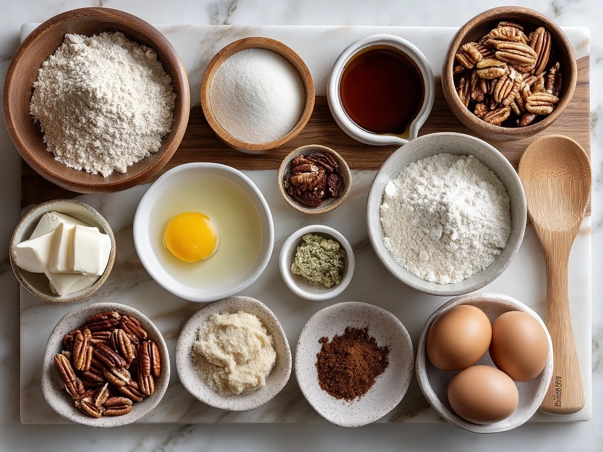Ingredients for Maple Pecan Sticky Buns laid out on a kitchen counter