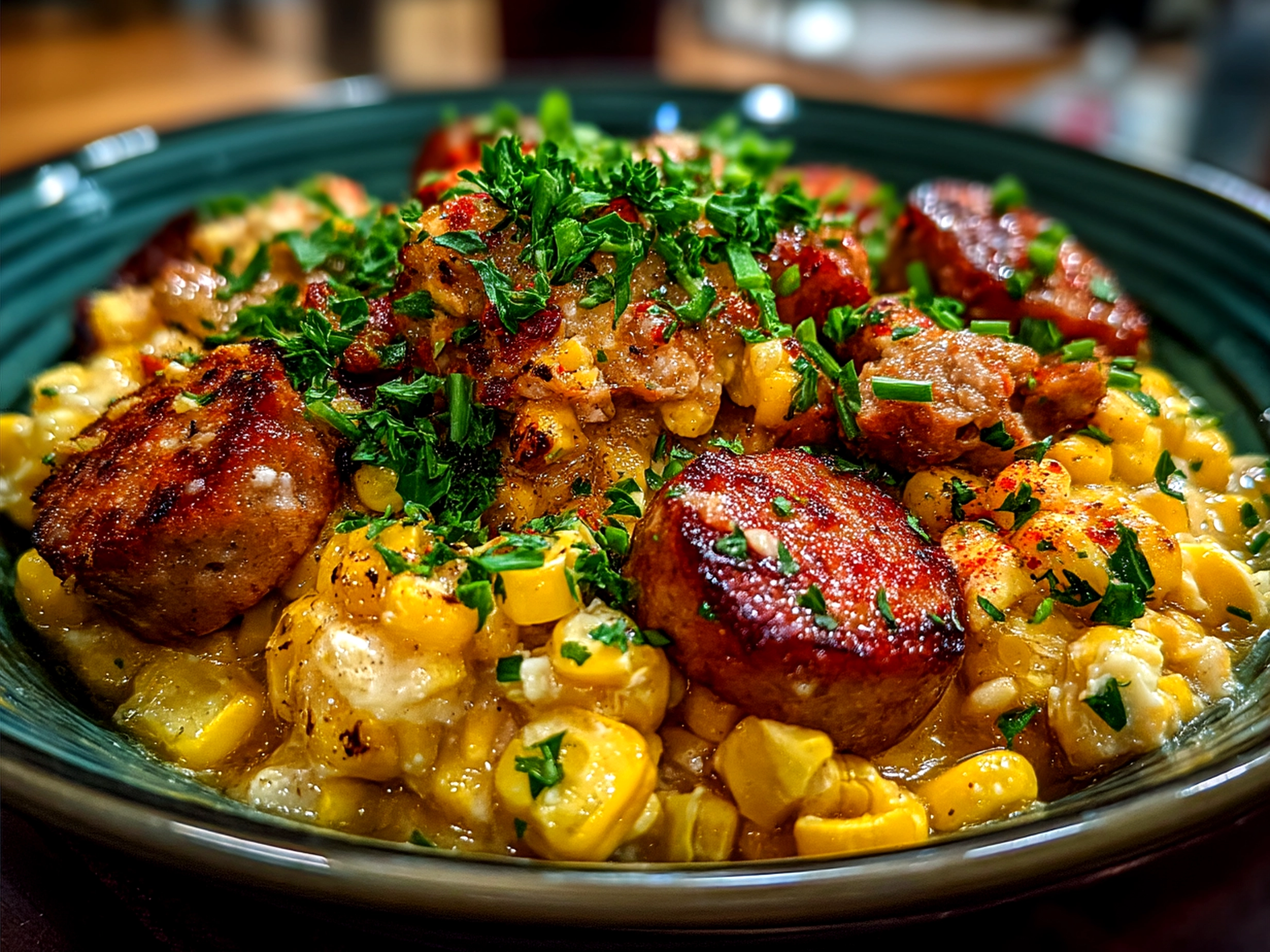 Maque Choux With Sausage Corn served on a plate with green garnish