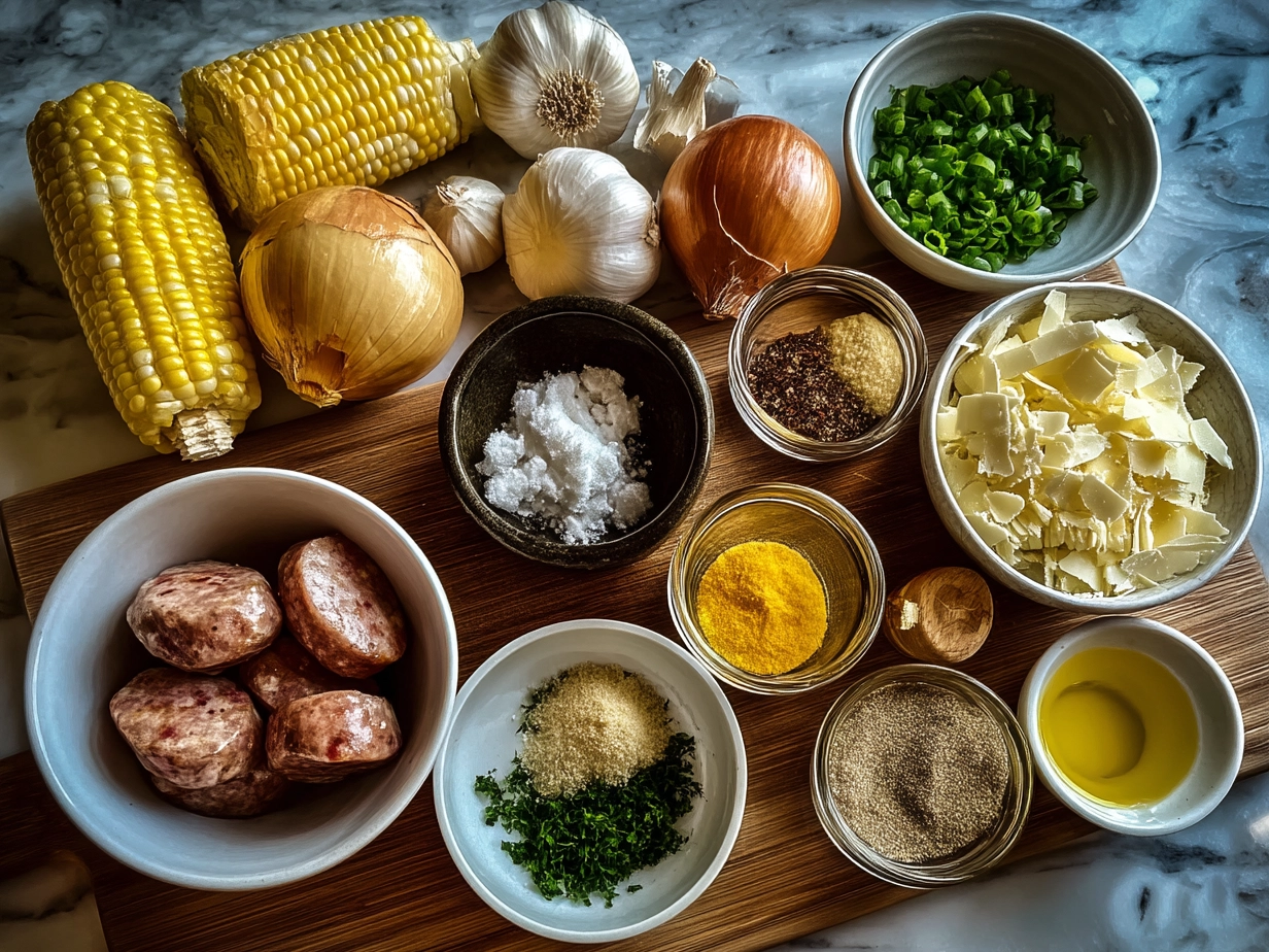 Ingredients for Maque Choux With Sausage Corn including sausage, corn, onions, bell pepper, and spices