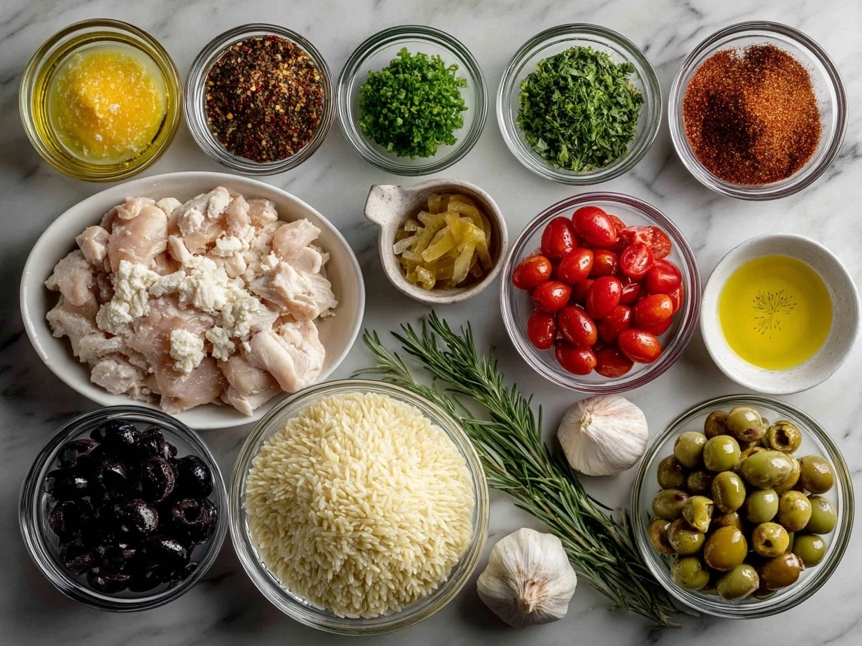 Ingredients for Mediterranean Chicken Orzo laid out on a table