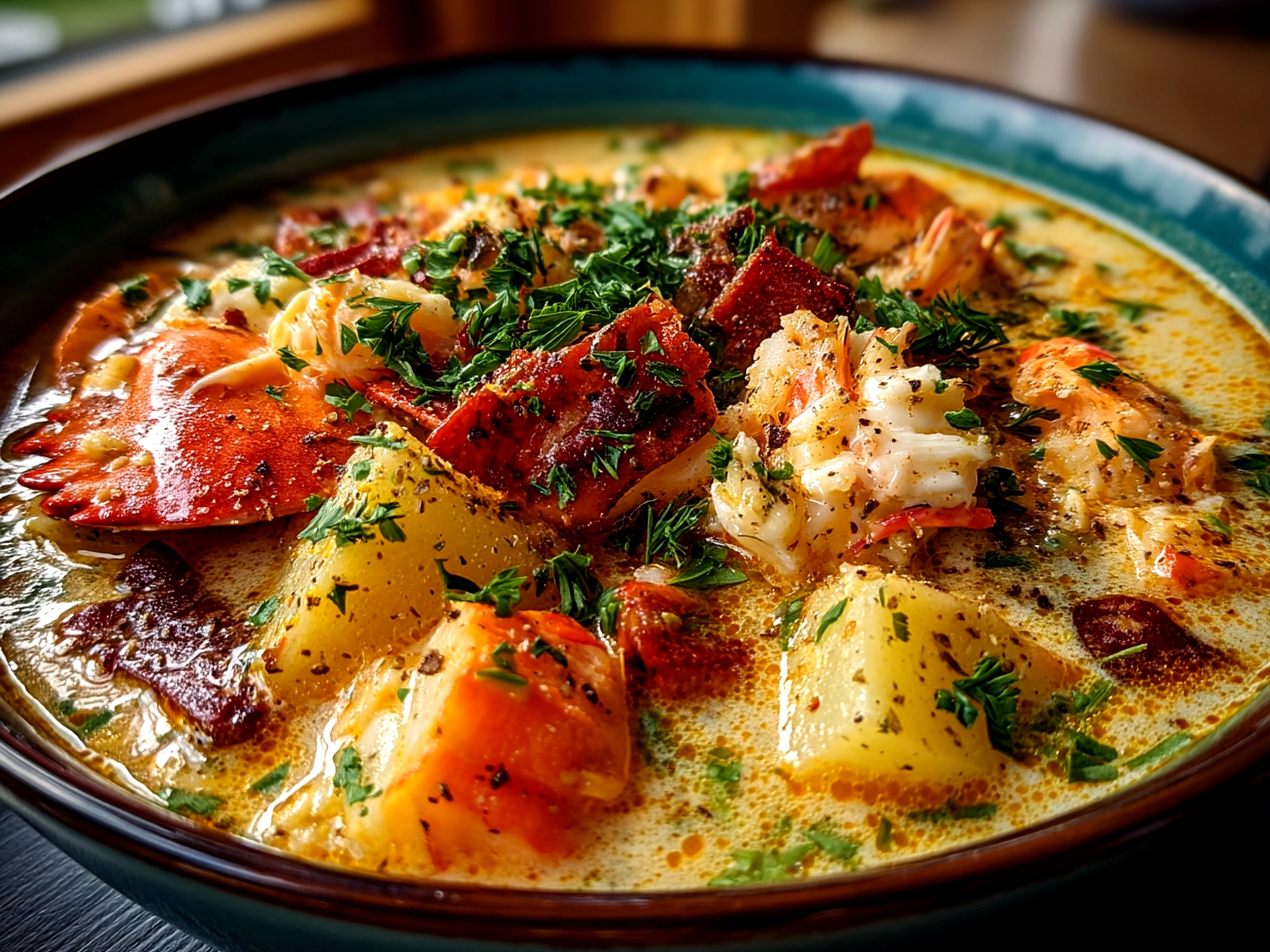 Bowl of Nova Scotia Seafood Chowder garnished with parsley and served with bread