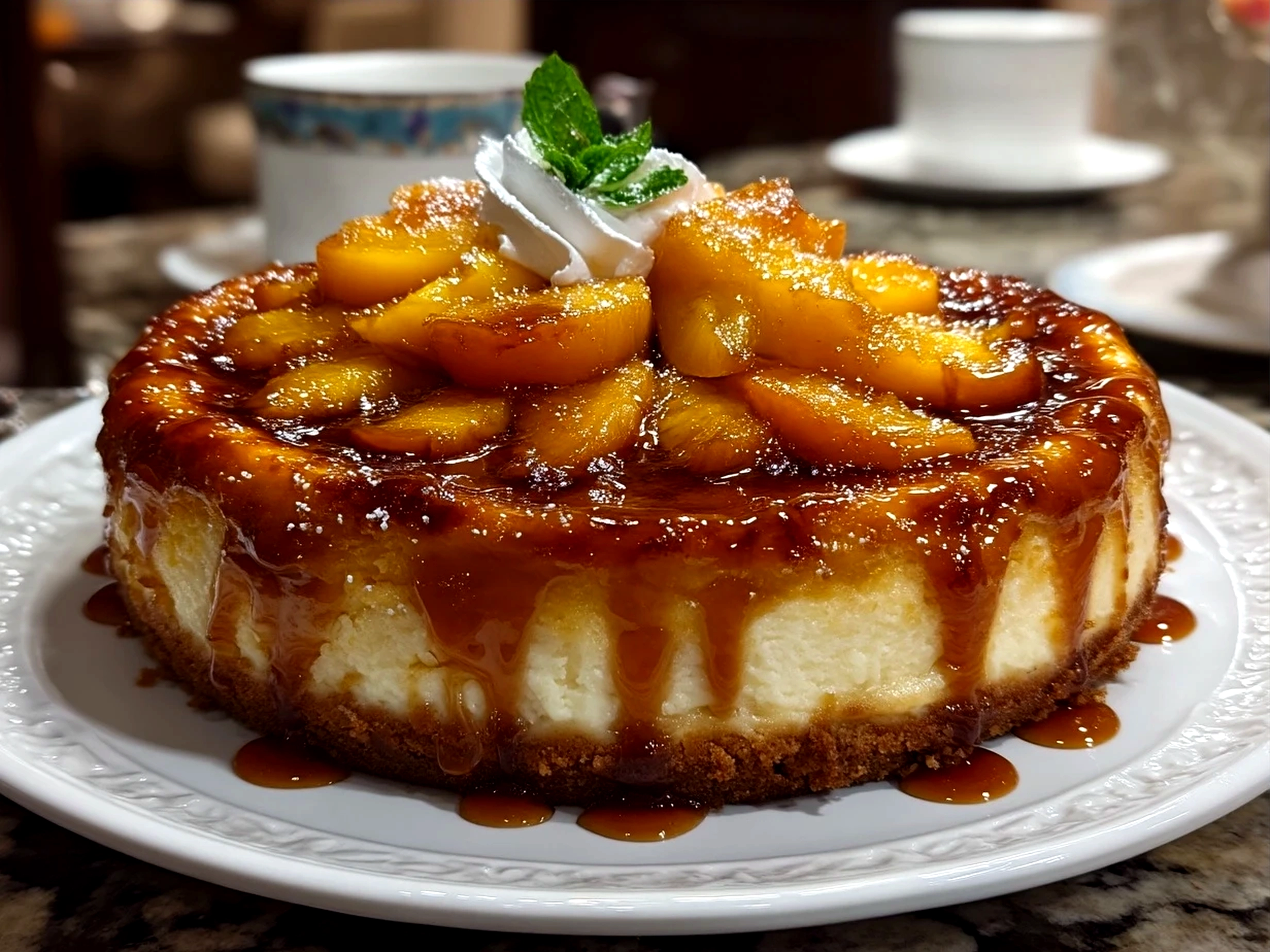 Slice of Peach Cobbler Cheesecake served with whipped cream