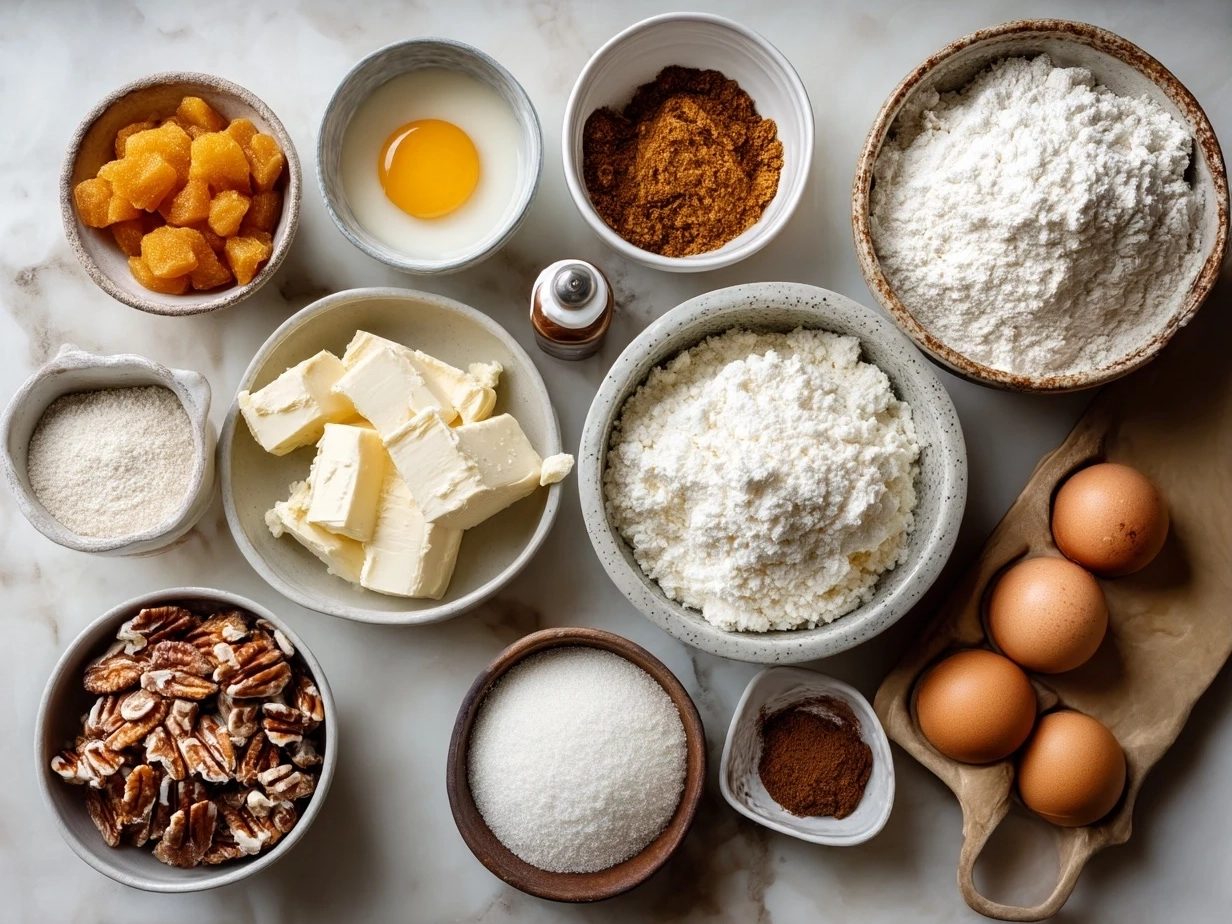 Ingredients for Peach Cobbler Cheesecake including graham crackers, butter, peaches, cream cheese, and spices
